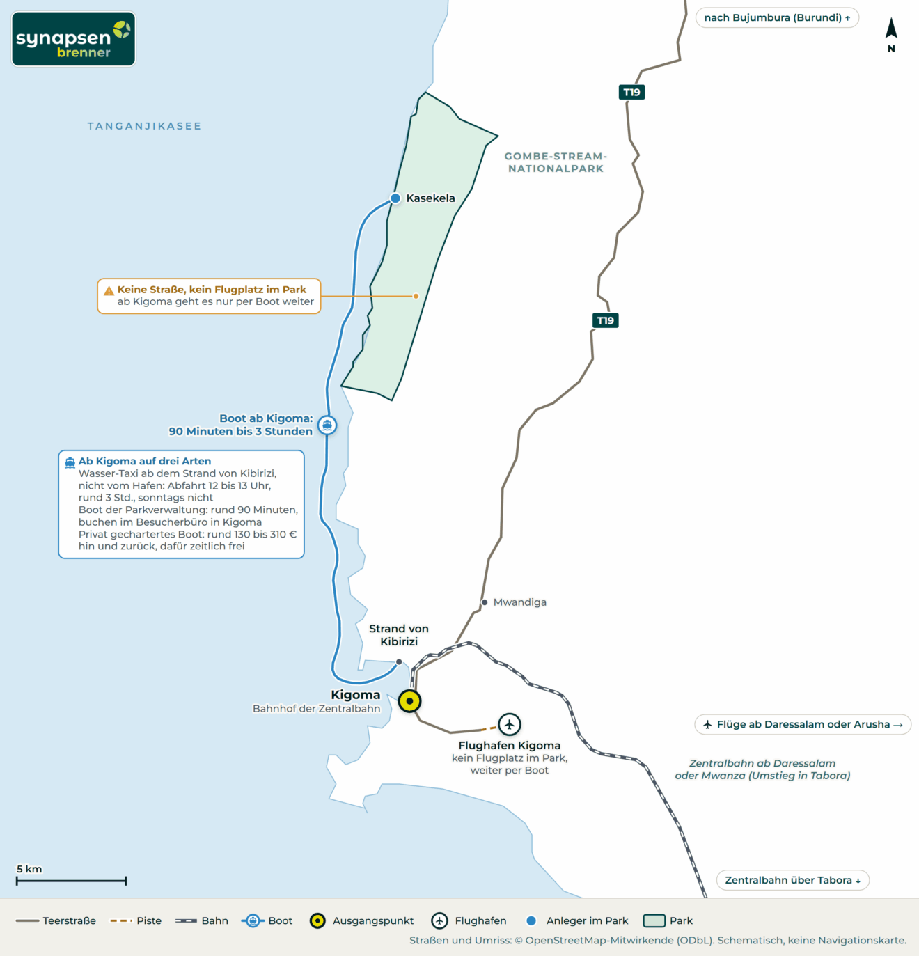 Anreisekarte Gombe-Stream-Nationalpark: Straßen, Flughäfen und Tore