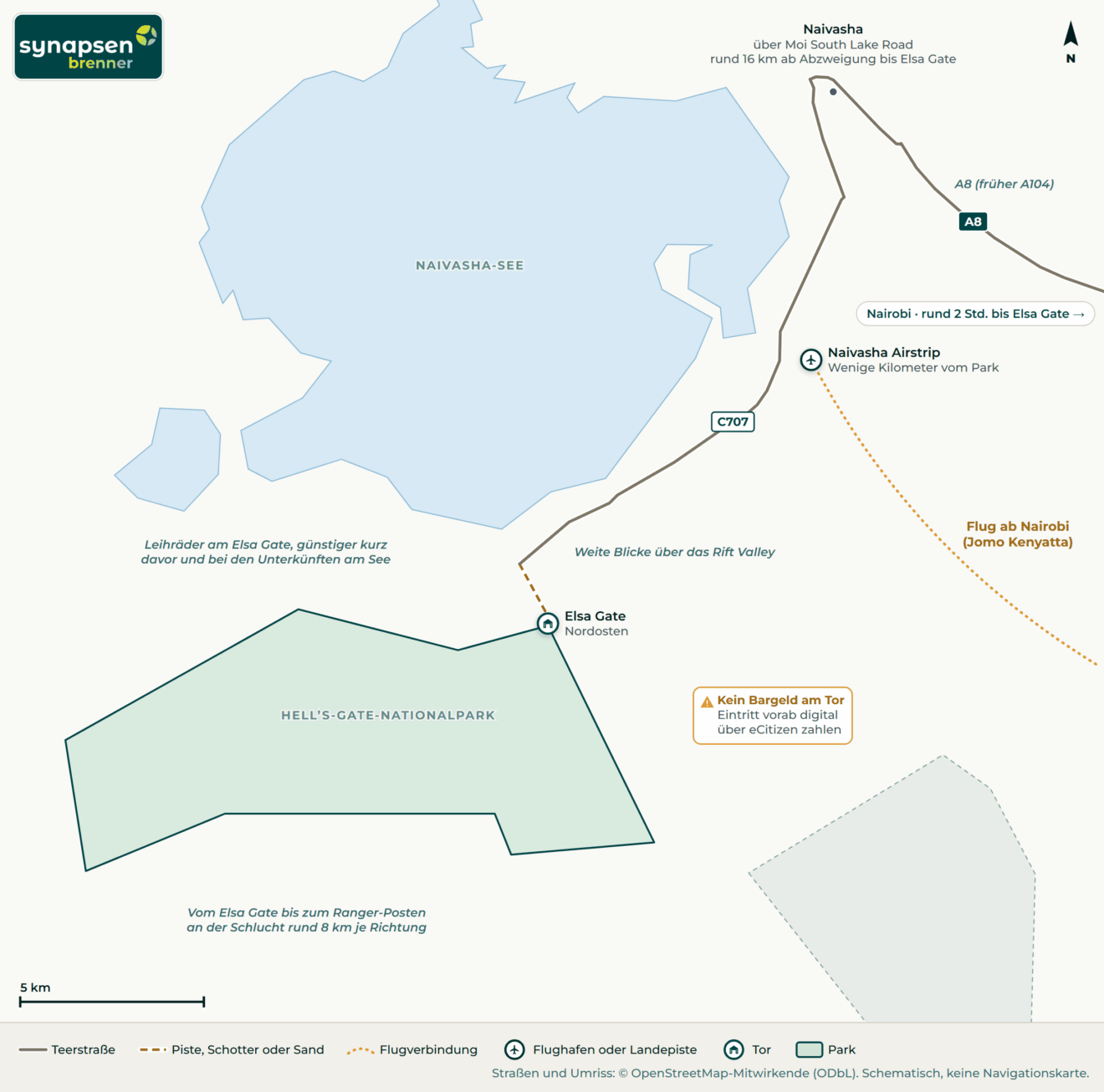 Anreisekarte Hell’s-Gate-Nationalpark: Straßen, Flughäfen und Tore