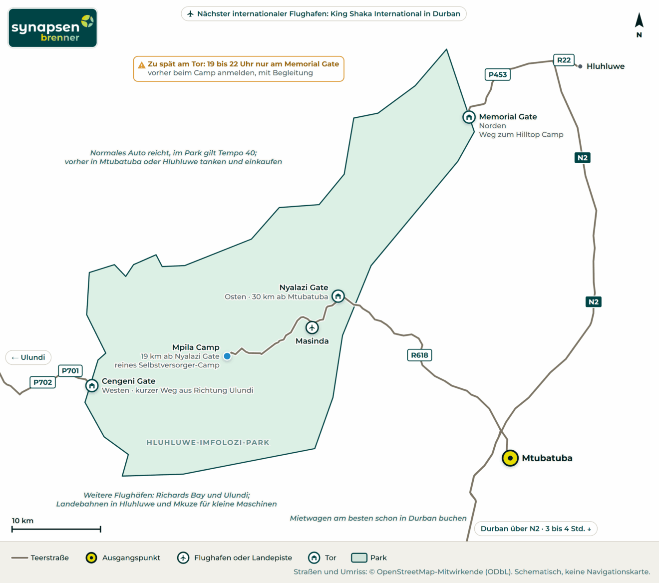 Anreisekarte Hluhluwe-iMfolozi-Park: Straßen, Flughäfen und Tore
