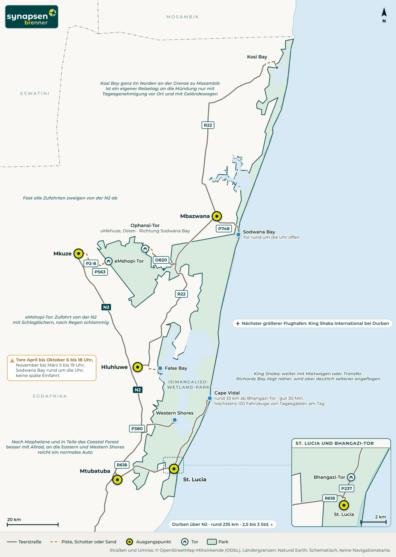 Anreisekarte iSimangaliso-Wetland-Park: Straßen, Flughäfen und Tore
