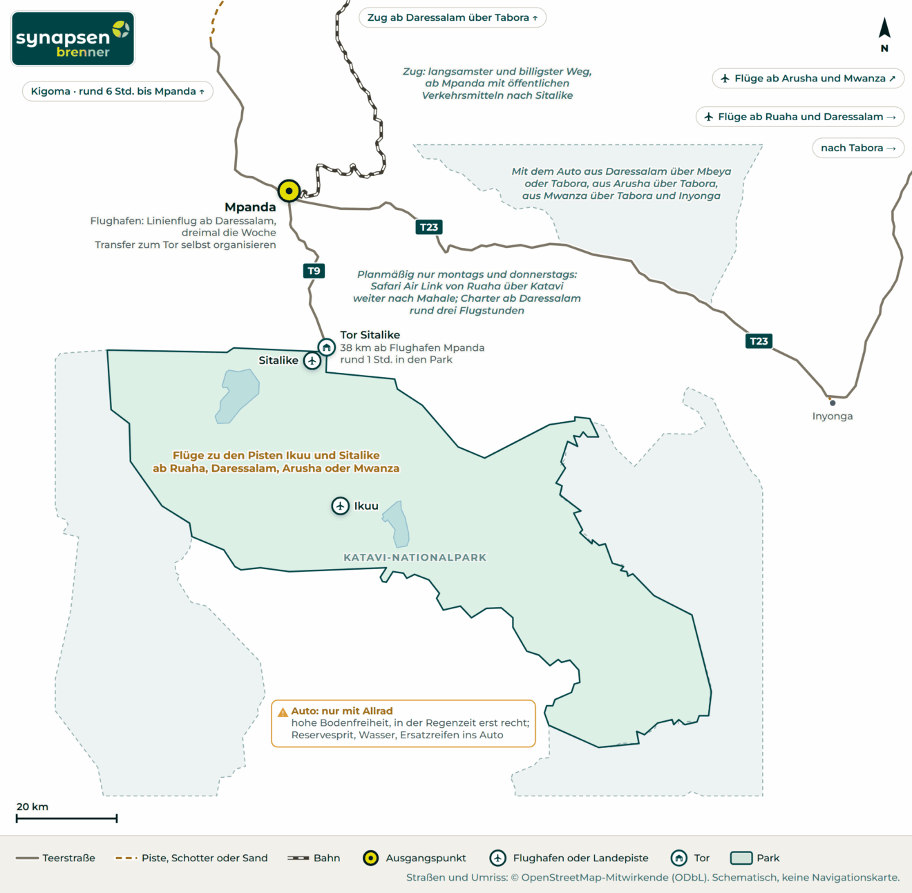 Anreisekarte Katavi-Nationalpark: Straßen, Flughäfen und Tore