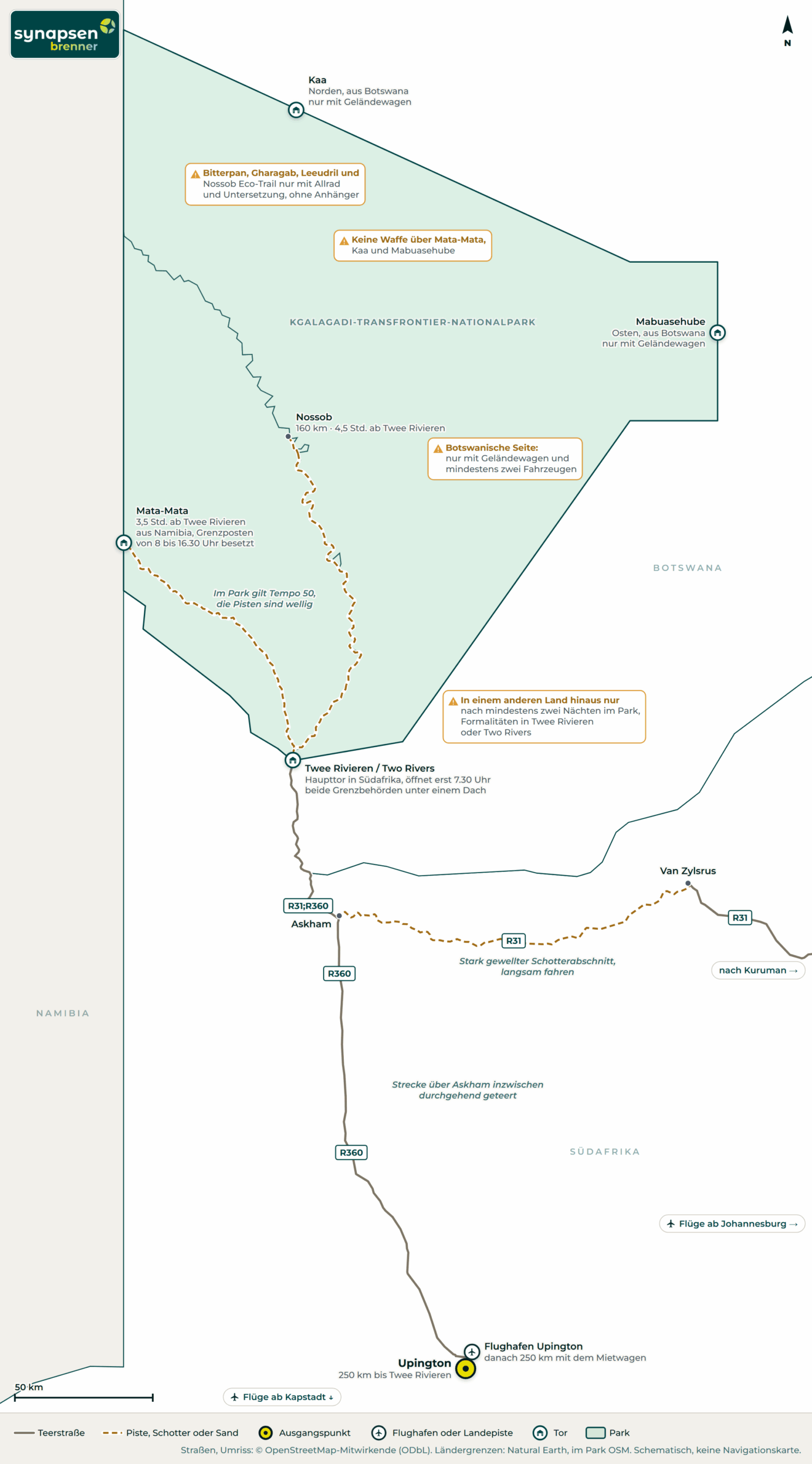 Anreisekarte Kgalagadi-Transfrontier-Nationalpark: Straßen, Flughäfen und Tore