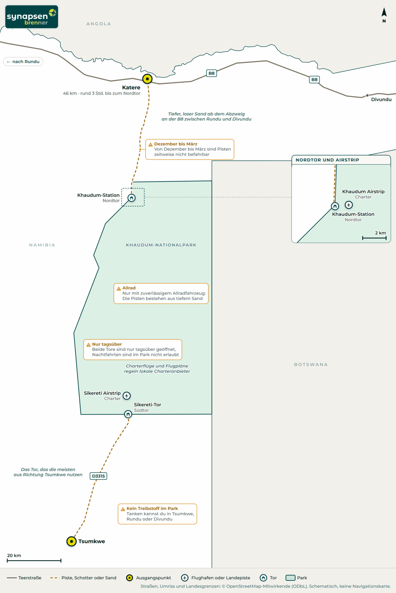 Anreisekarte Khaudum-Nationalpark: Straßen, Flughäfen und Tore