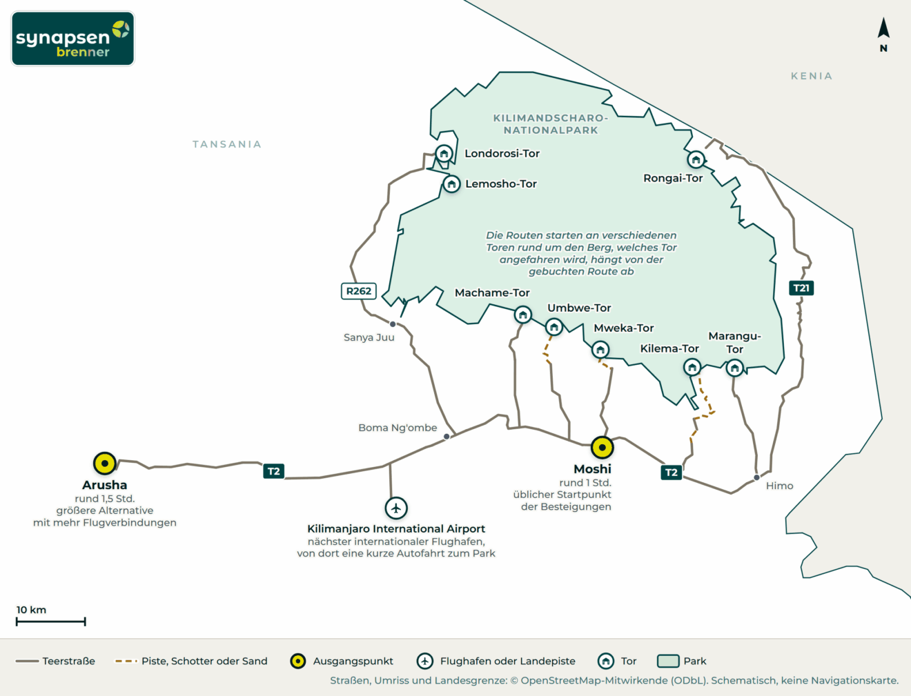 Anreisekarte Kilimandscharo-Nationalpark: Straßen, Flughäfen und Tore