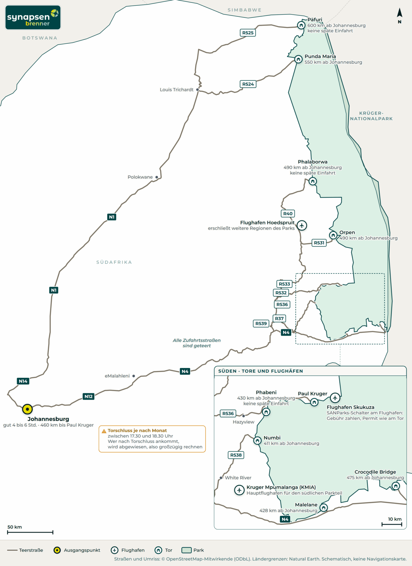 Anreisekarte Krüger-Nationalpark: Straßen, Flughäfen und Tore