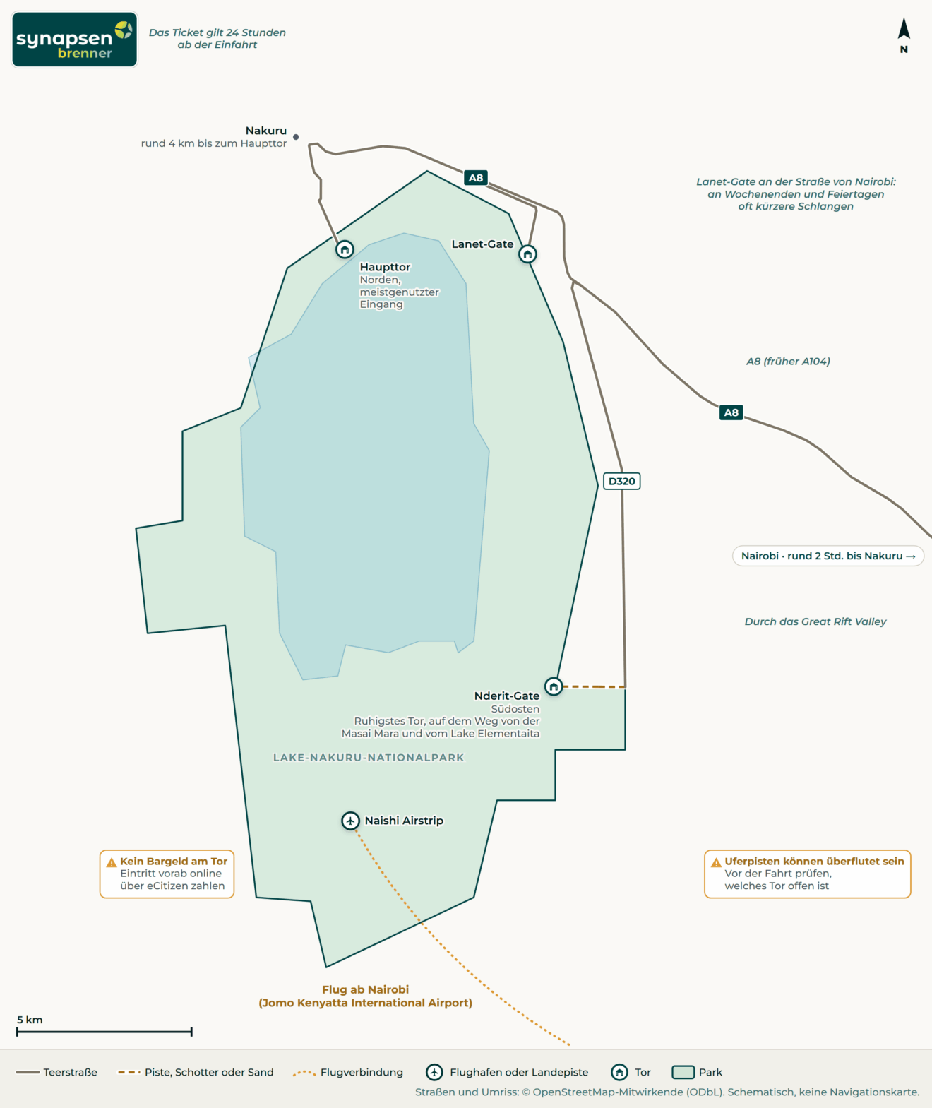 Anreisekarte Lake-Nakuru-Nationalpark: Straßen, Flughäfen und Tore