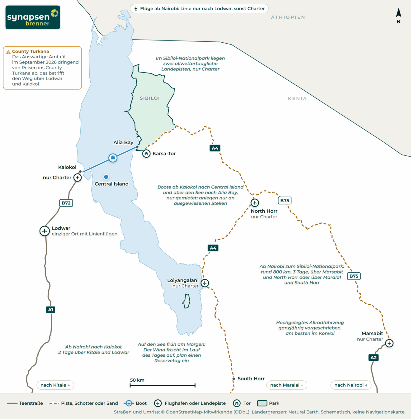 Anreisekarte Lake-Turkana-Nationalpark: Straßen, Flughäfen und Tore