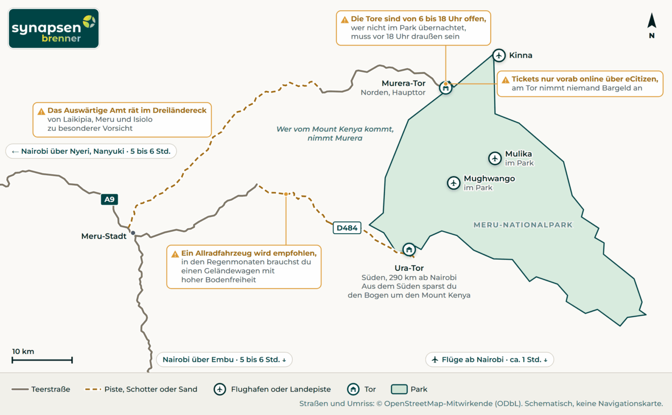 Anreisekarte Meru-Nationalpark: Straßen, Flughäfen und Tore