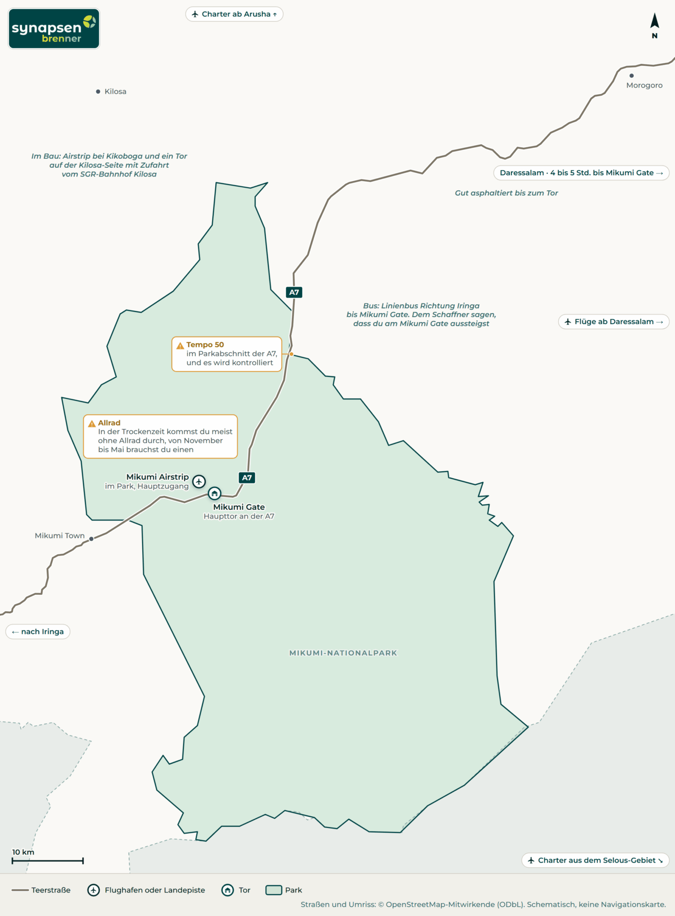 Anreisekarte Mikumi-Nationalpark: Straßen, Flughäfen und Tore
