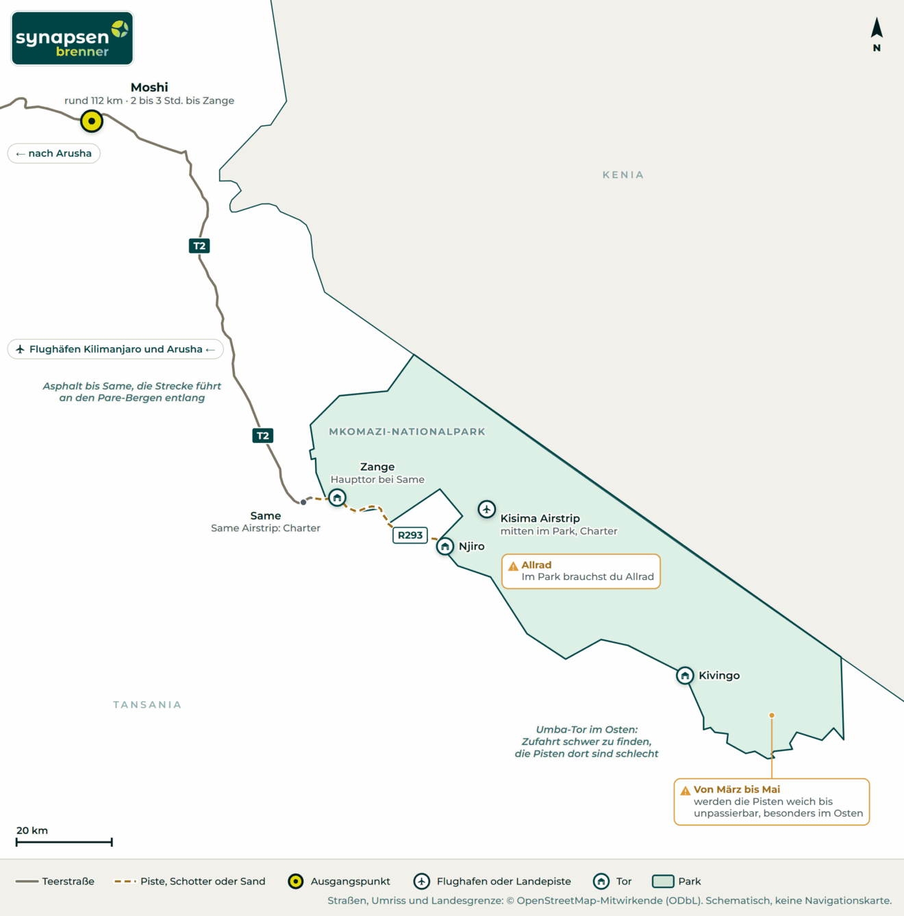 Anreisekarte Mkomazi-Nationalpark: Straßen, Flughäfen und Tore
