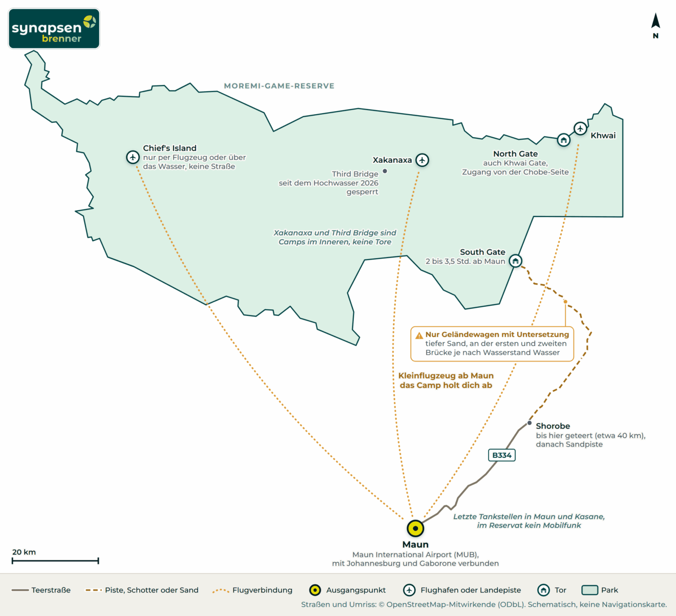 Anreisekarte Moremi-Game-Reserve: Straßen, Flughäfen und Tore