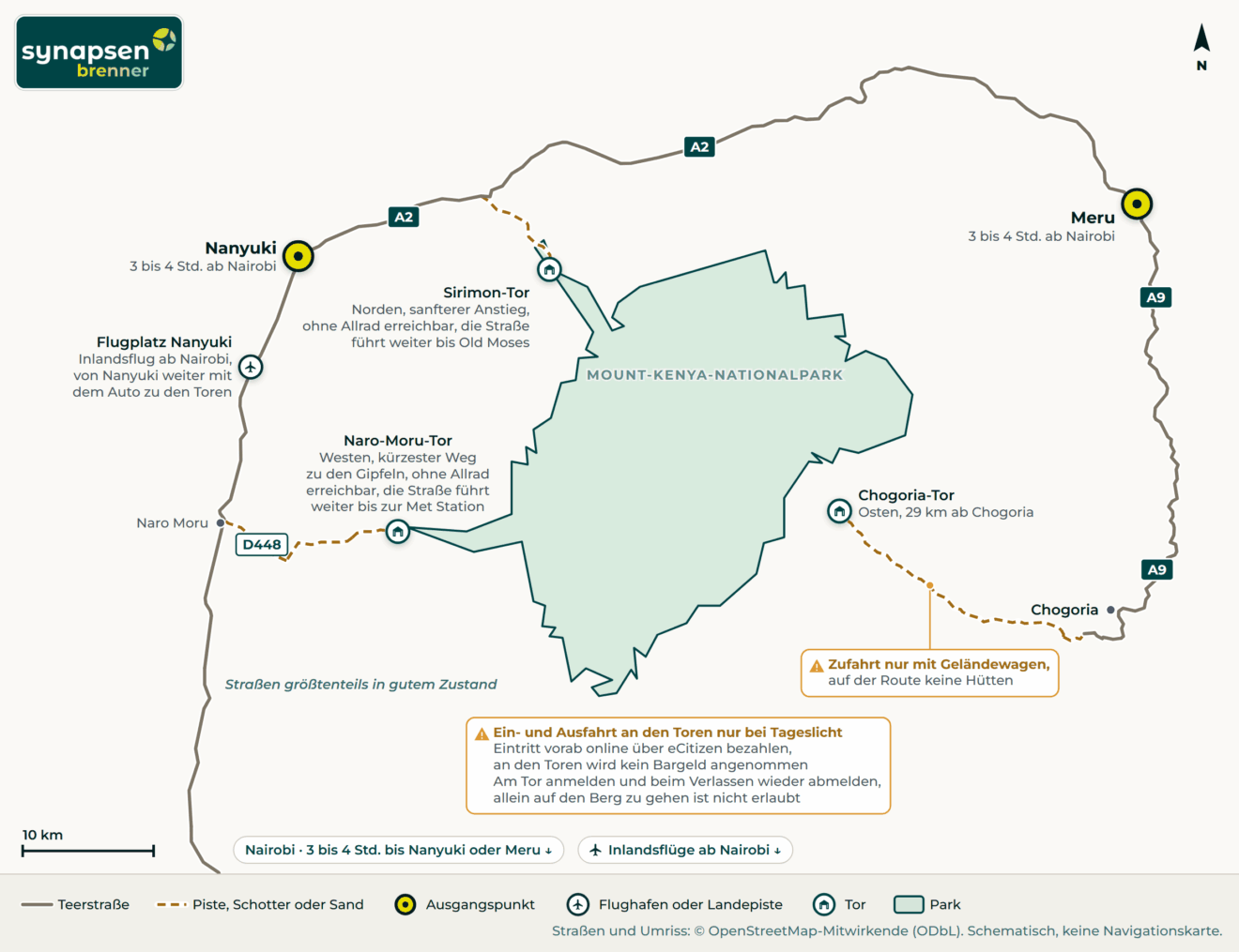 Anreisekarte Mount-Kenya-Nationalpark: Straßen, Flughäfen und Tore