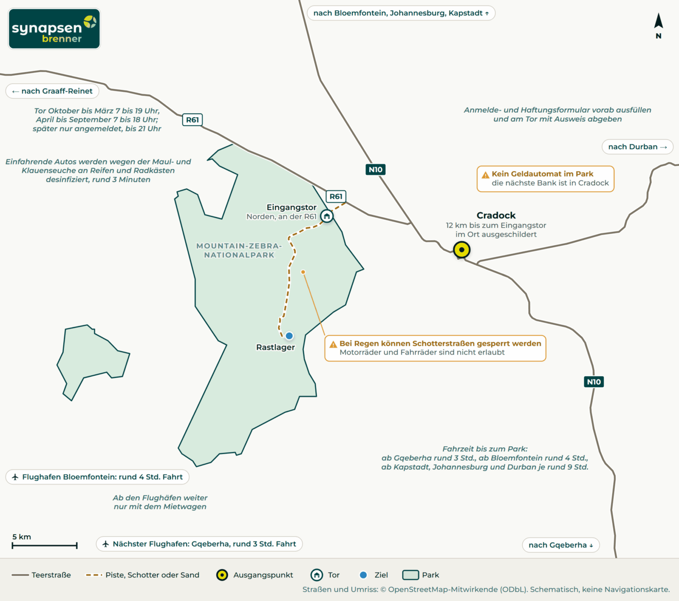 Anreisekarte Mountain-Zebra-Nationalpark: Straßen, Flughäfen und Tore