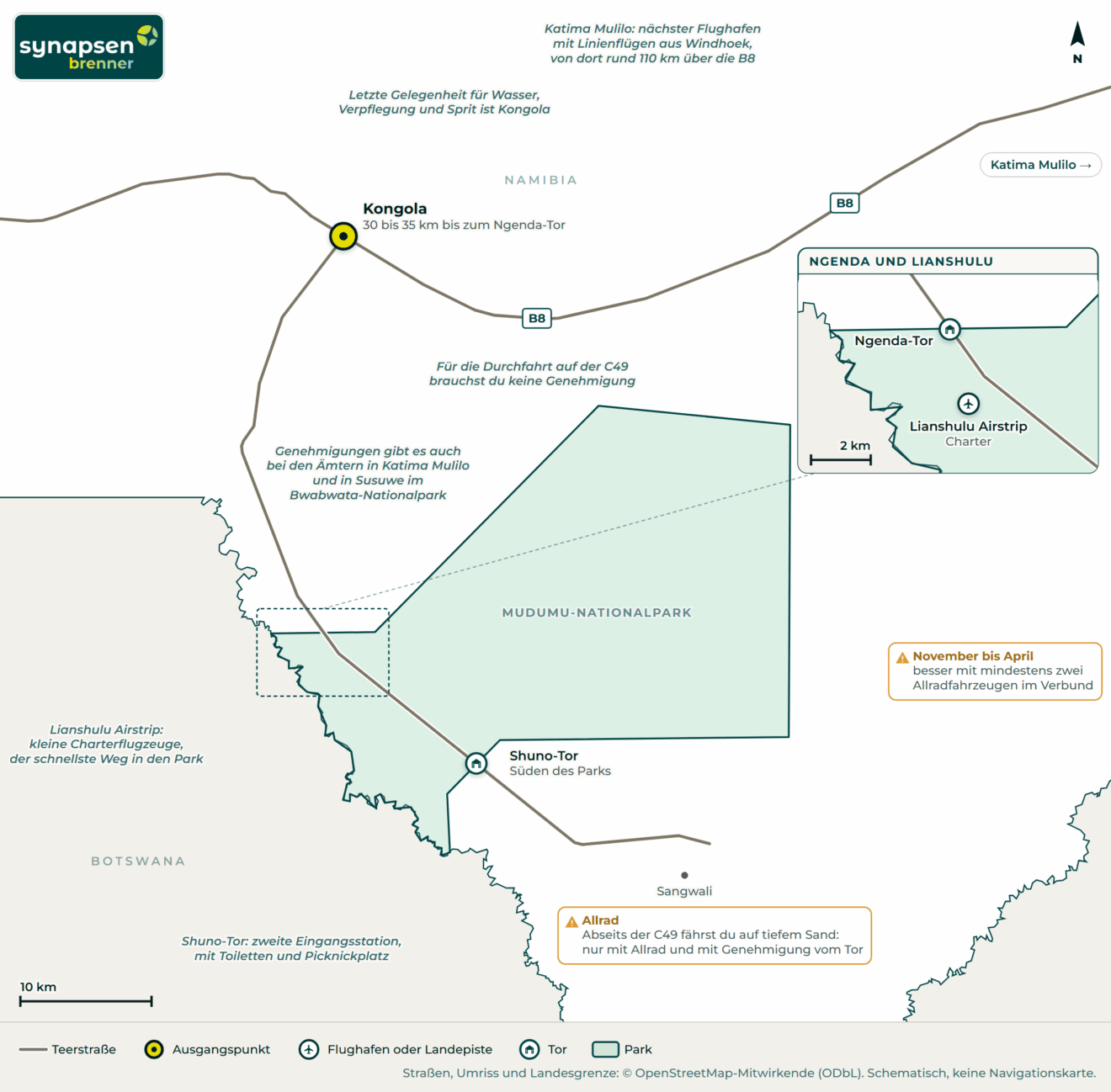 Anreisekarte Mudumu-Nationalpark: Straßen, Flughäfen und Tore