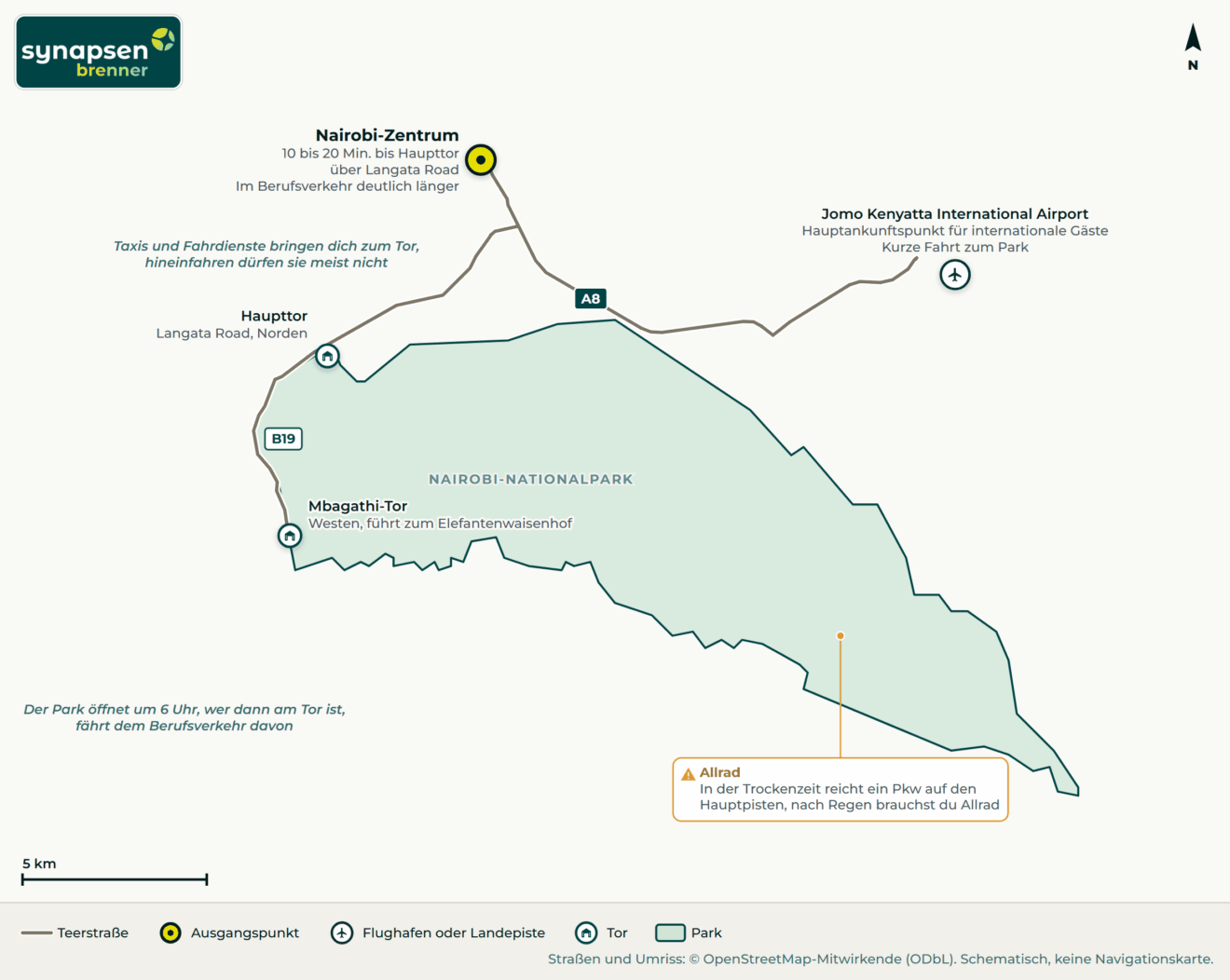 Anreisekarte Nairobi-Nationalpark: Straßen, Flughäfen und Tore