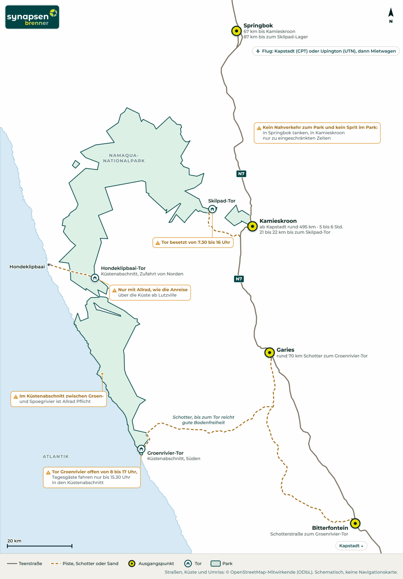Anreisekarte Namaqua-Nationalpark: Straßen, Flughäfen und Tore