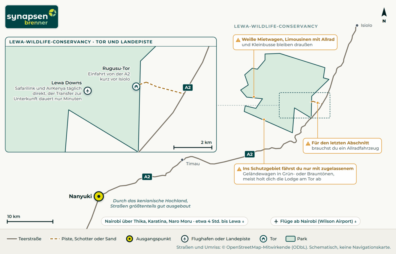 Anreisekarte Lewa-Wildlife-Conservancy: Straßen, Flughäfen und Tore