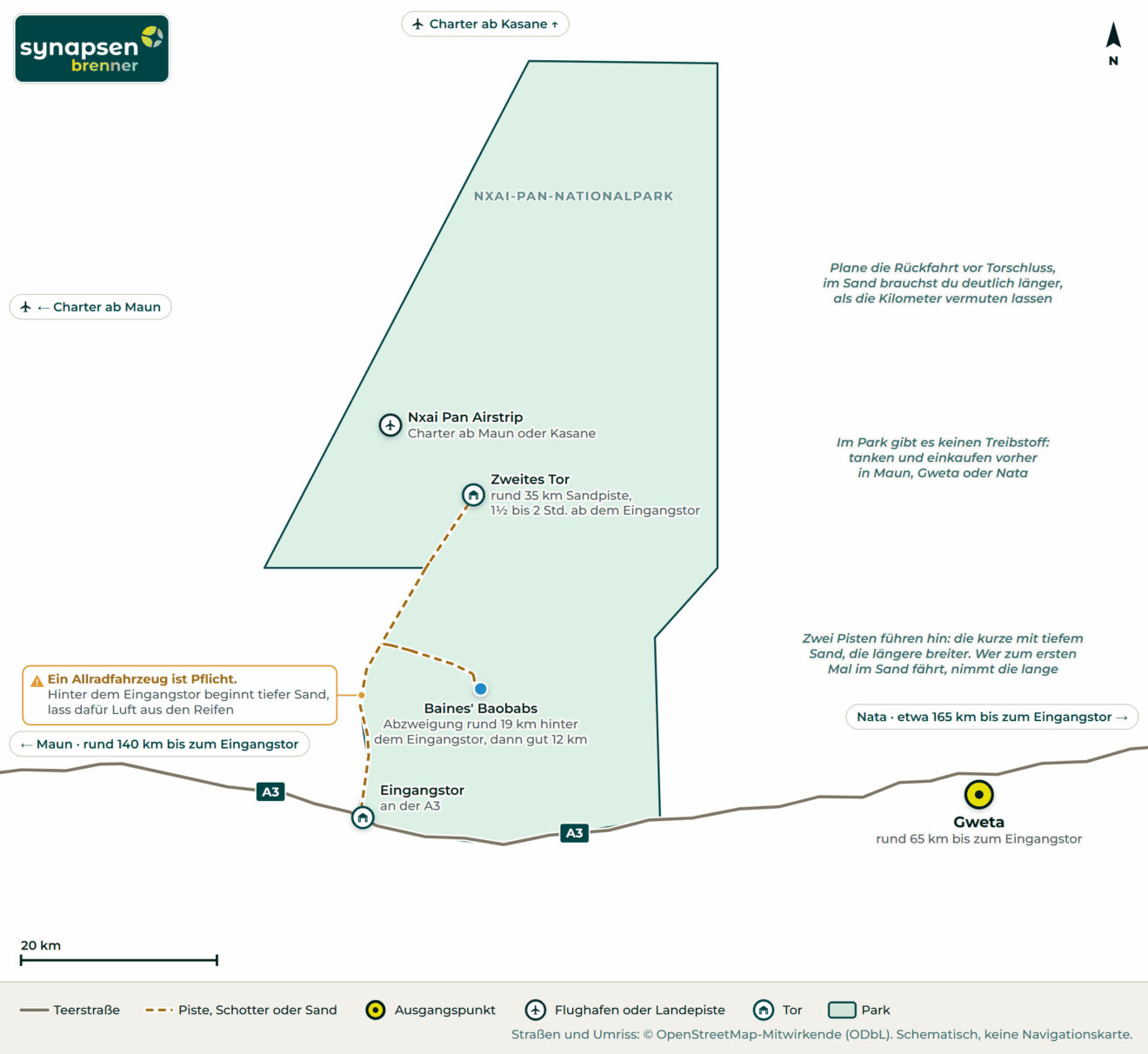 Anreisekarte Nxai-Pan-Nationalpark: Straßen, Flughäfen und Tore