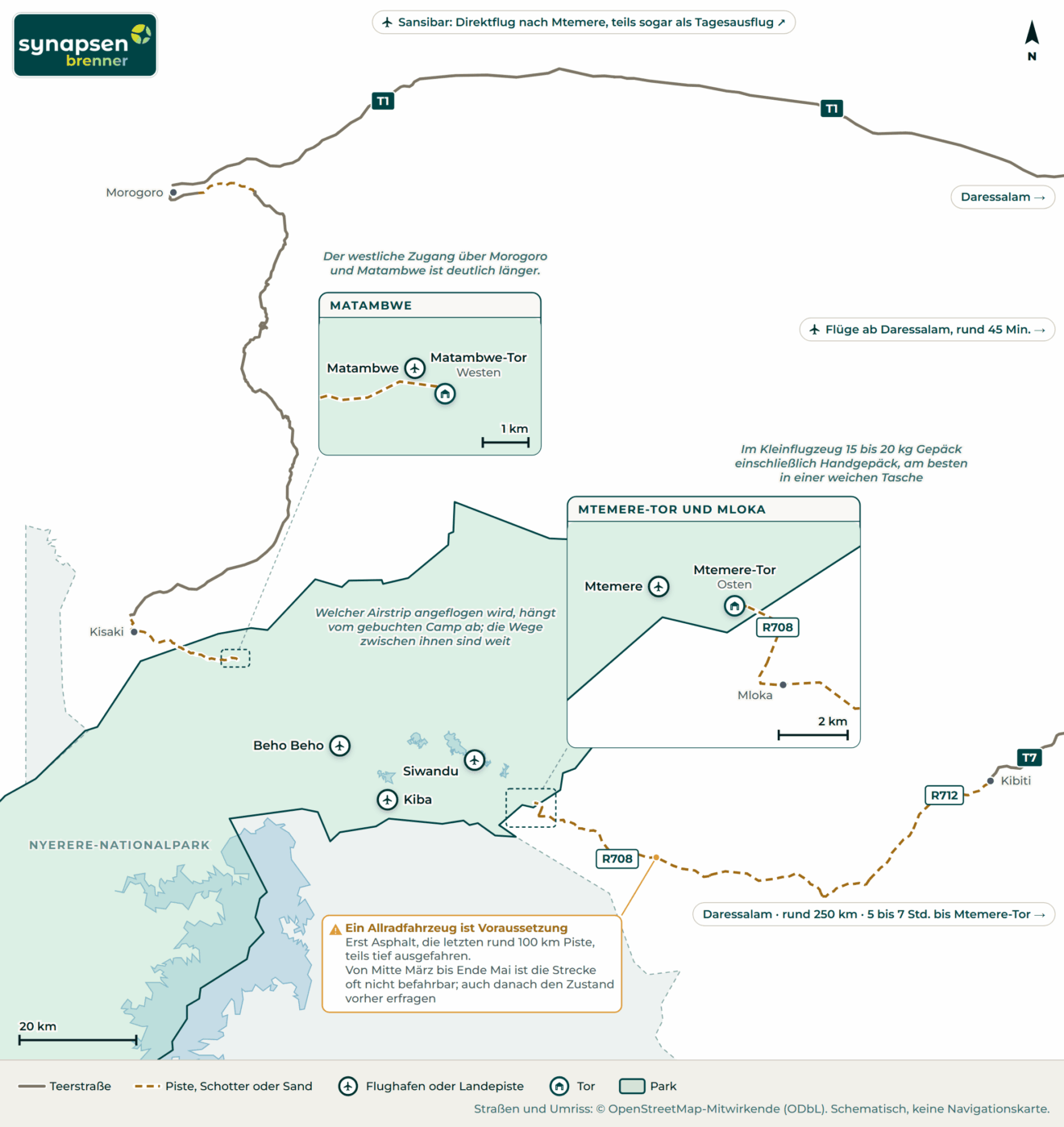 Anreisekarte Nyerere-Nationalpark: Straßen, Flughäfen und Tore