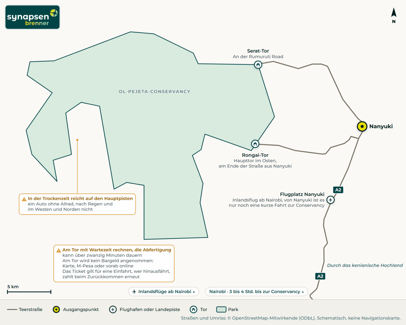 Anreisekarte Ol-Pejeta-Conservancy: Straßen, Flughäfen und Tore