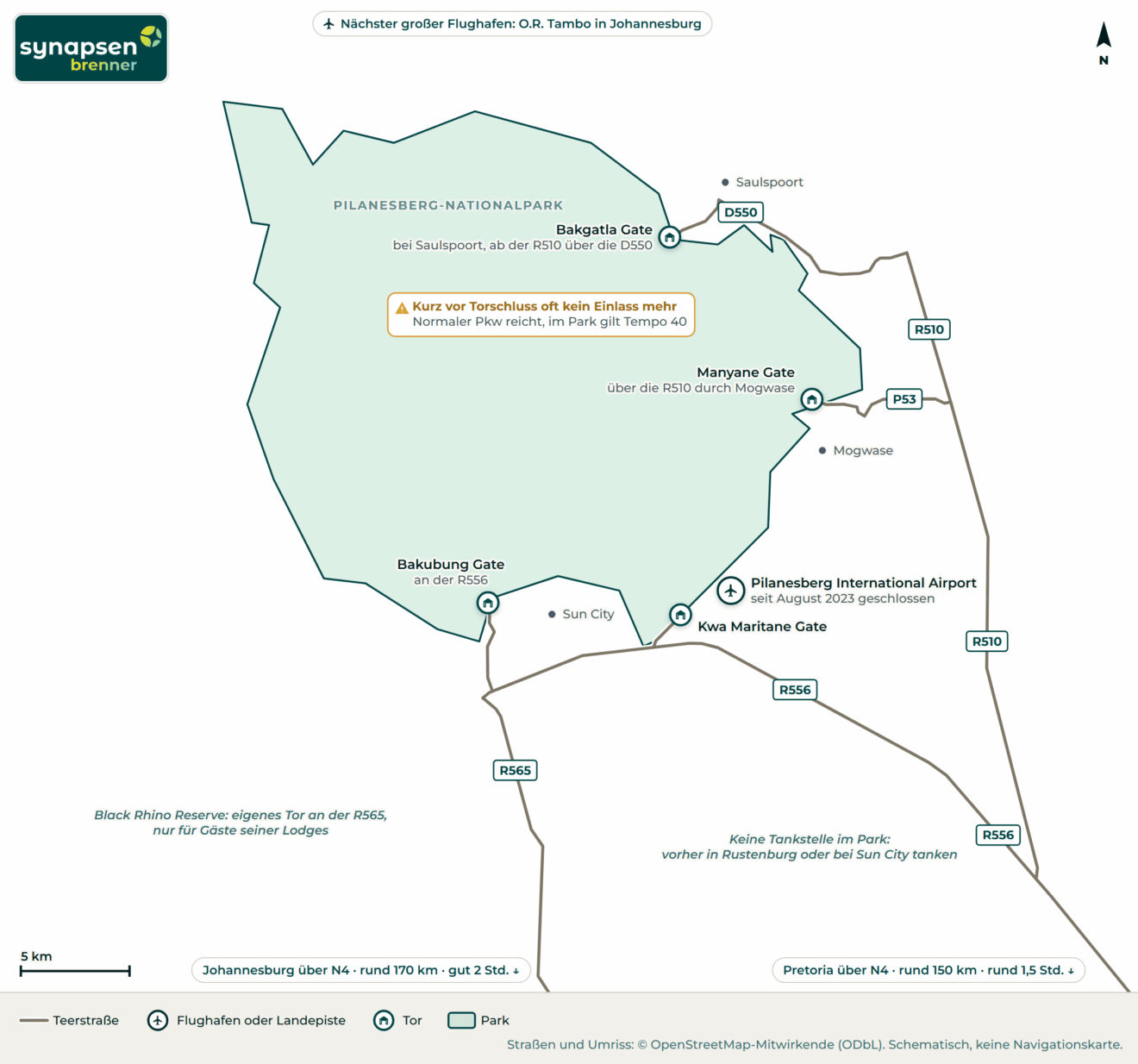 Anreisekarte Pilanesberg-Nationalpark: Straßen, Flughäfen und Tore