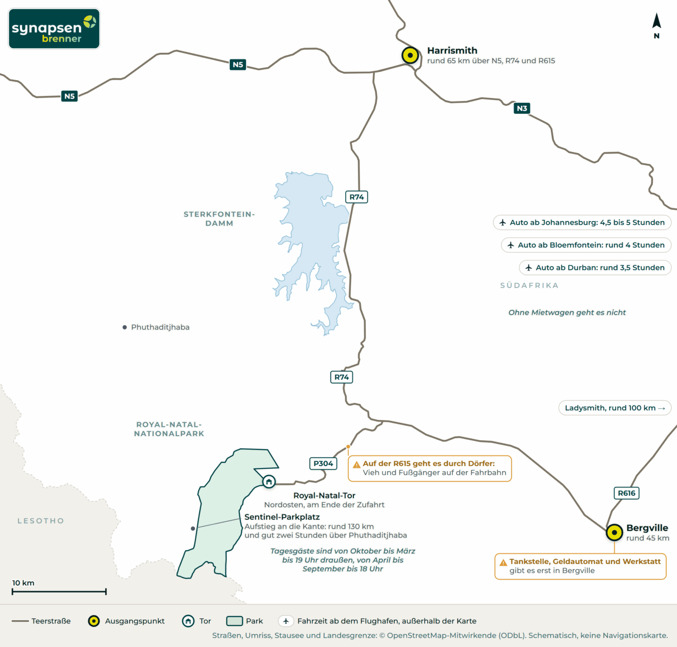 Anreisekarte Royal-Natal-Nationalpark: Straßen, Flughäfen und Tore