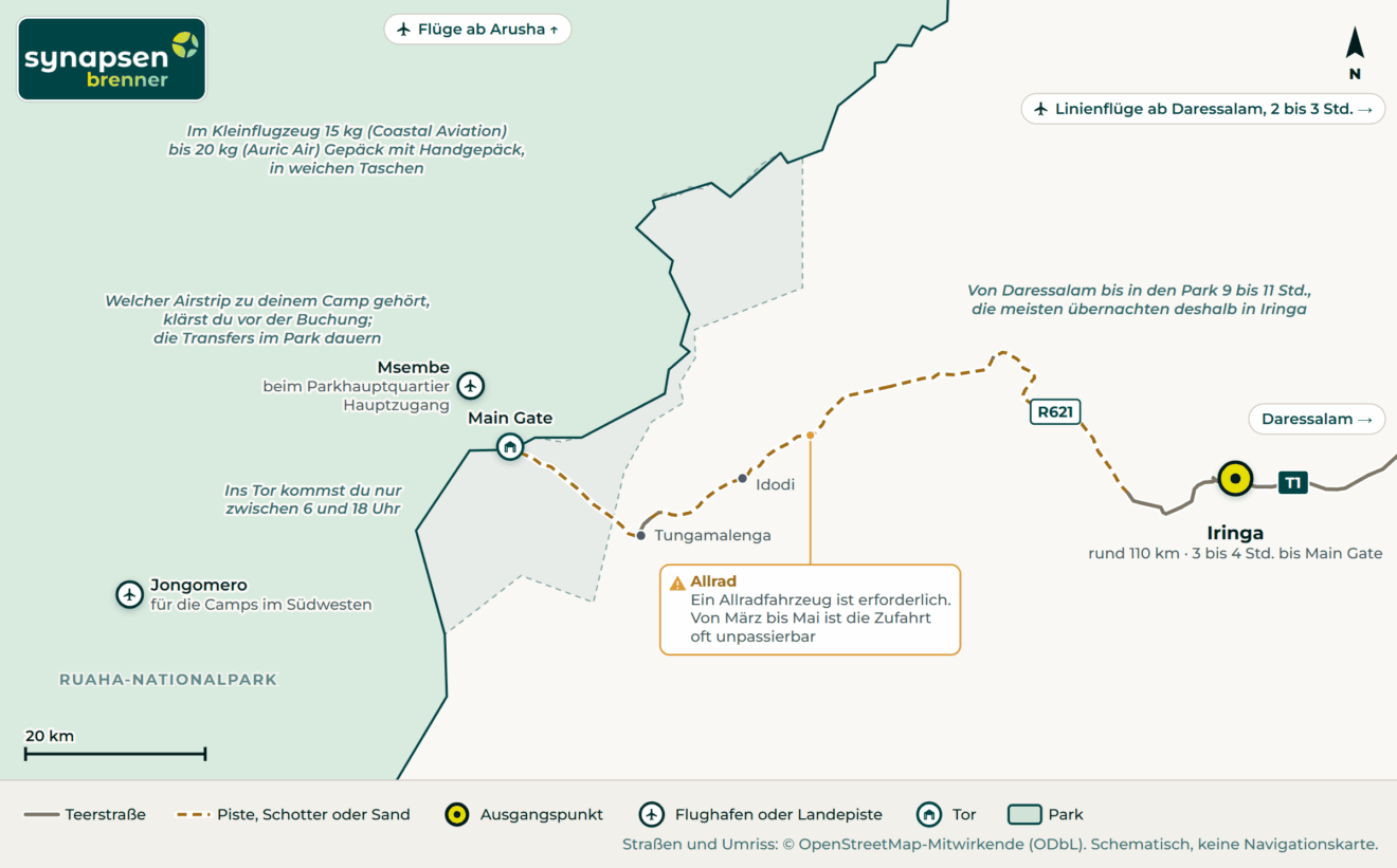 Anreisekarte Ruaha-Nationalpark: Straßen, Flughäfen und Tore