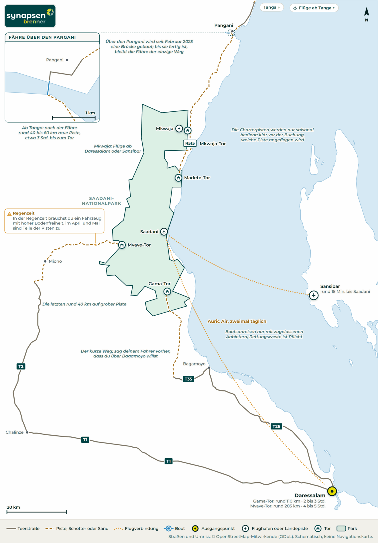 Anreisekarte Saadani-Nationalpark: Straßen, Flughäfen und Tore