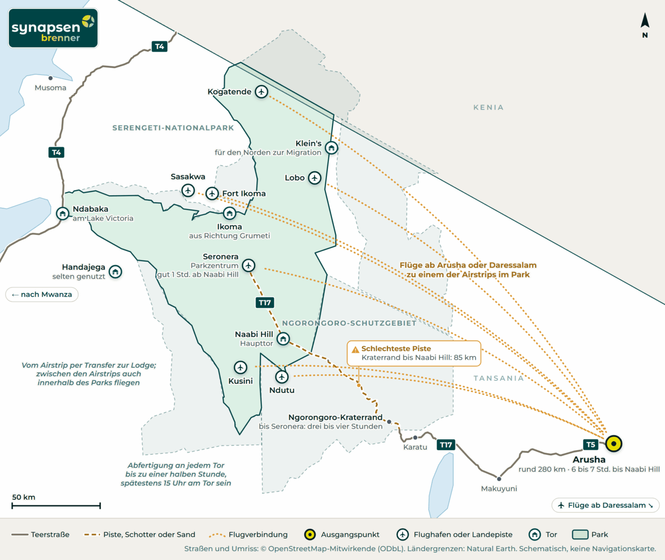 Anreisekarte Serengeti-Nationalpark: Straßen, Flughäfen und Tore