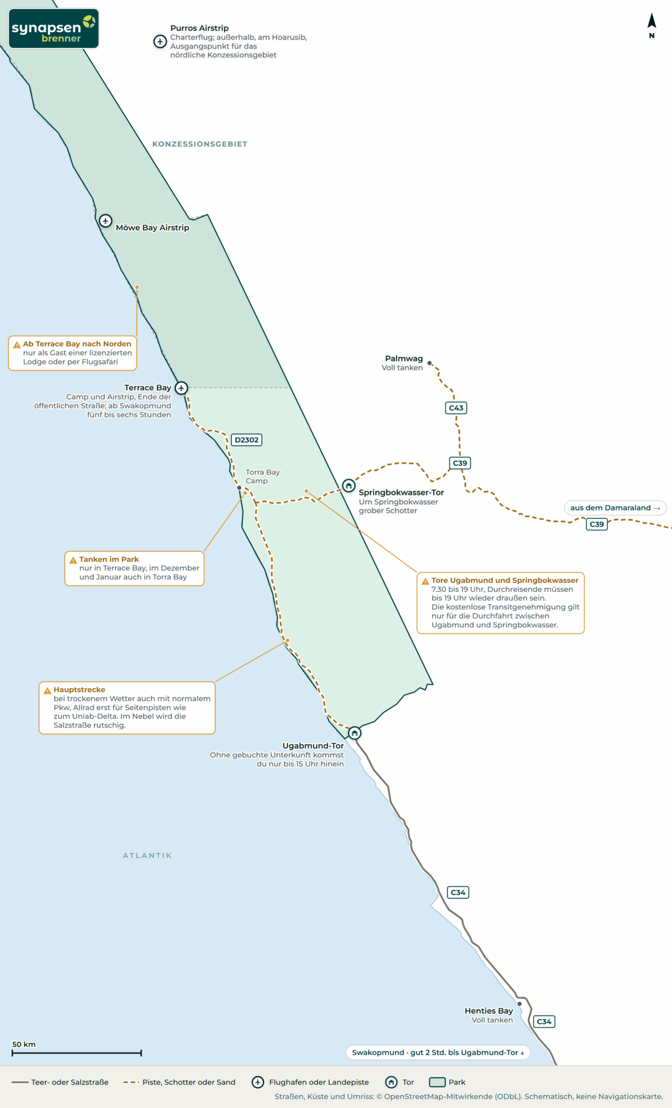 Anreisekarte Skeleton-Coast-Nationalpark: Straßen, Flughäfen und Tore