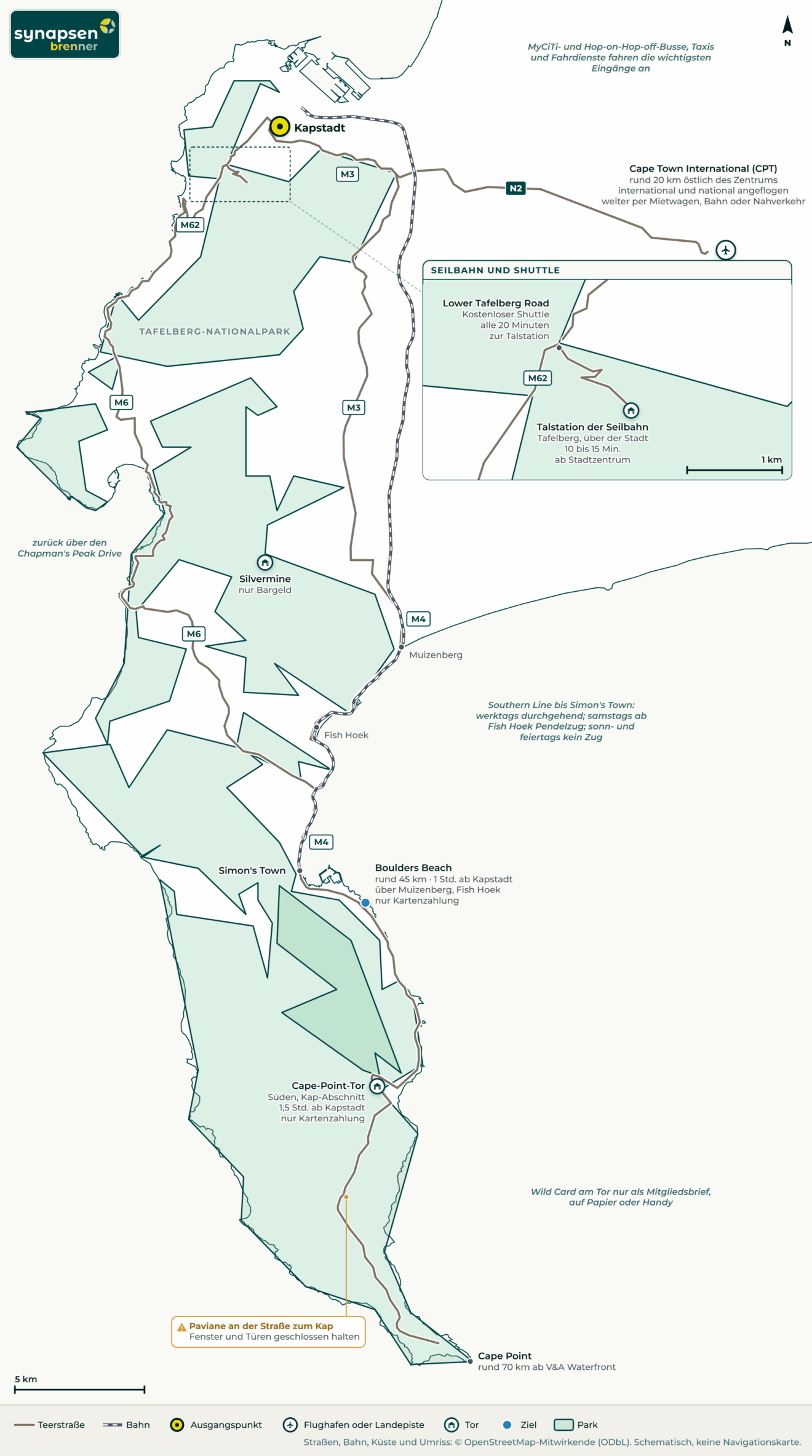 Anreisekarte Tafelberg-Nationalpark: Straßen, Flughäfen und Tore