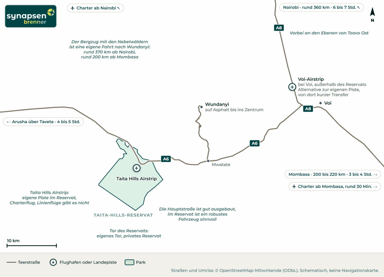 Anreisekarte Taita-Hills-Reservat: Straßen, Flughäfen und Tore