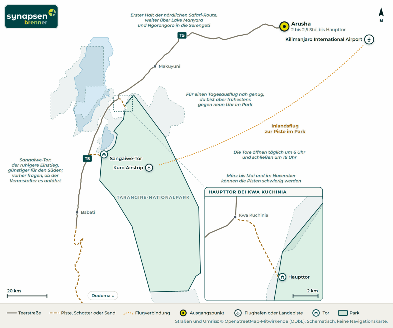 Anreisekarte Tarangire-Nationalpark: Straßen, Flughäfen und Tore