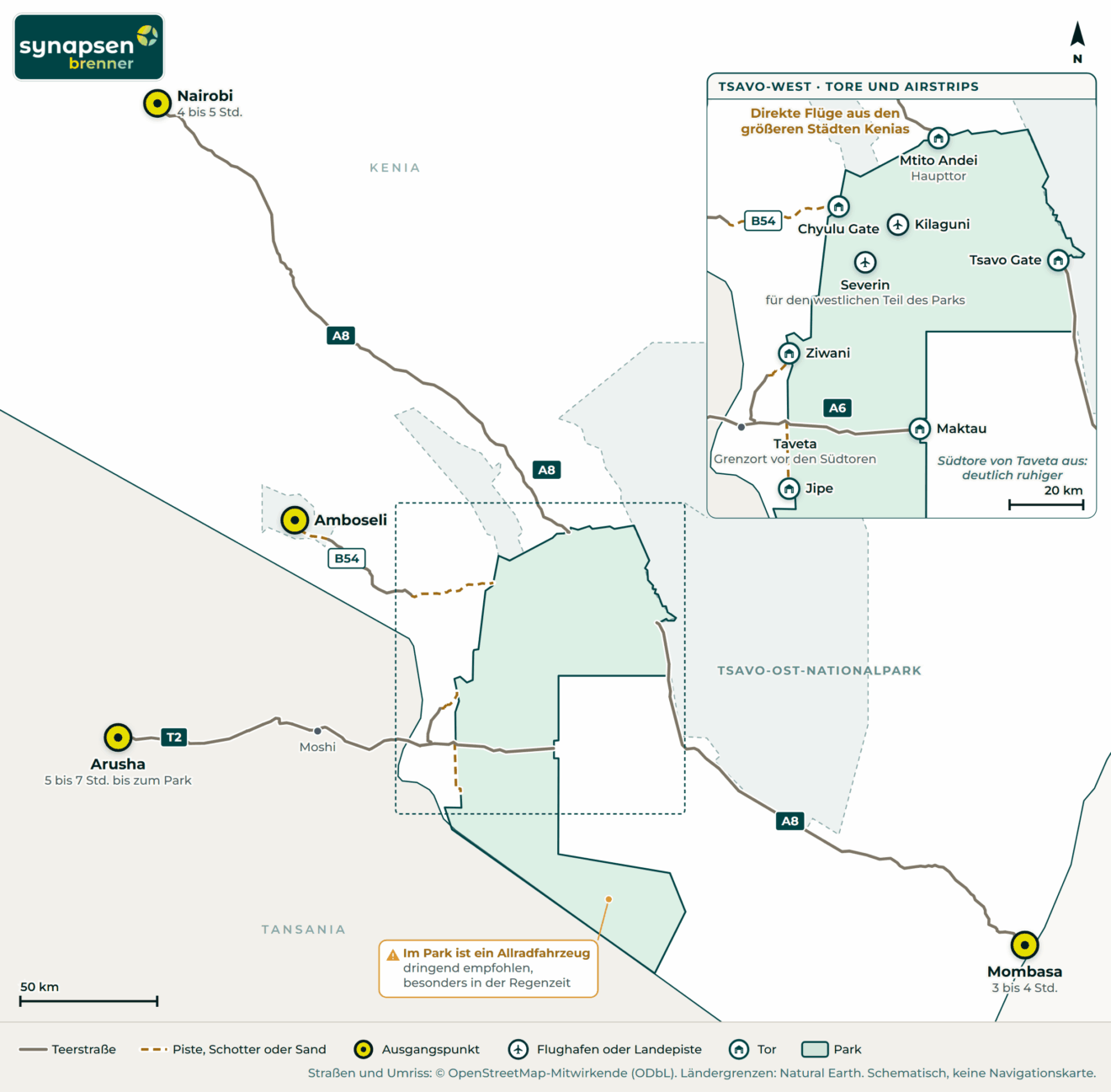 Anreisekarte Tsavo-West-Nationalpark: Straßen, Flughäfen und Tore