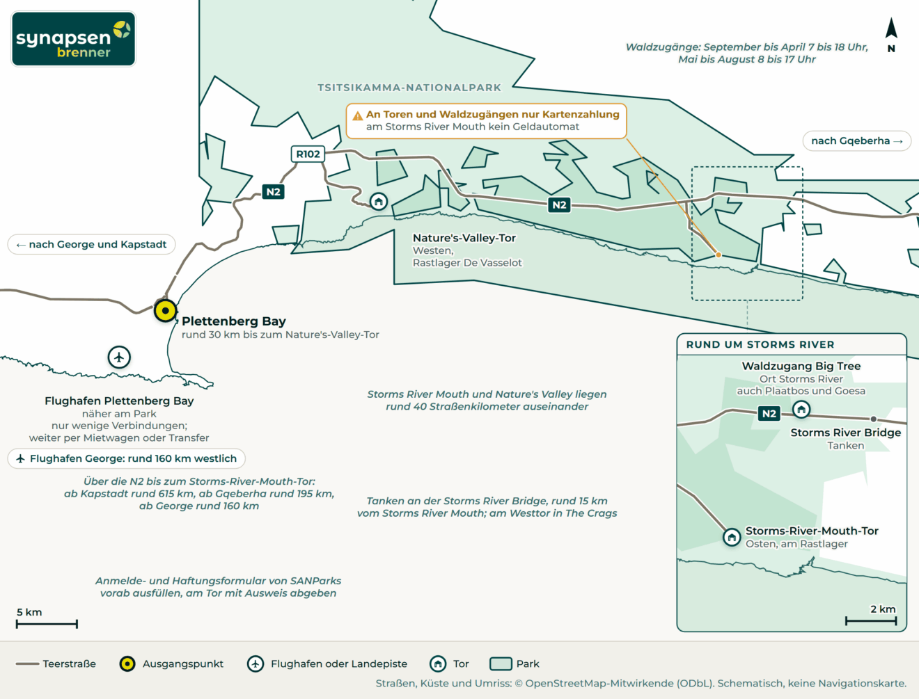 Anreisekarte Tsitsikamma-Nationalpark: Straßen, Flughäfen und Tore