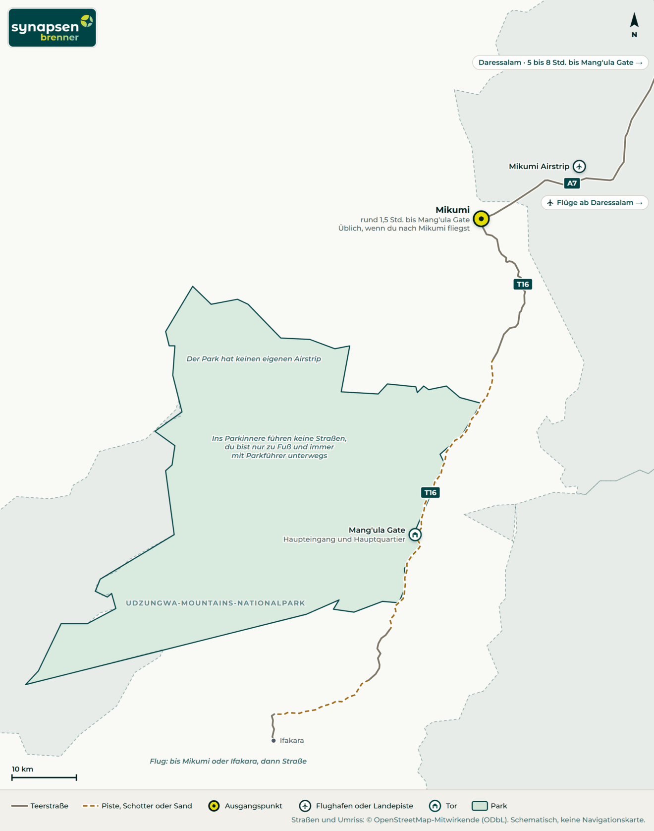 Anreisekarte Udzungwa-Mountains-Nationalpark: Straßen, Flughäfen und Tore