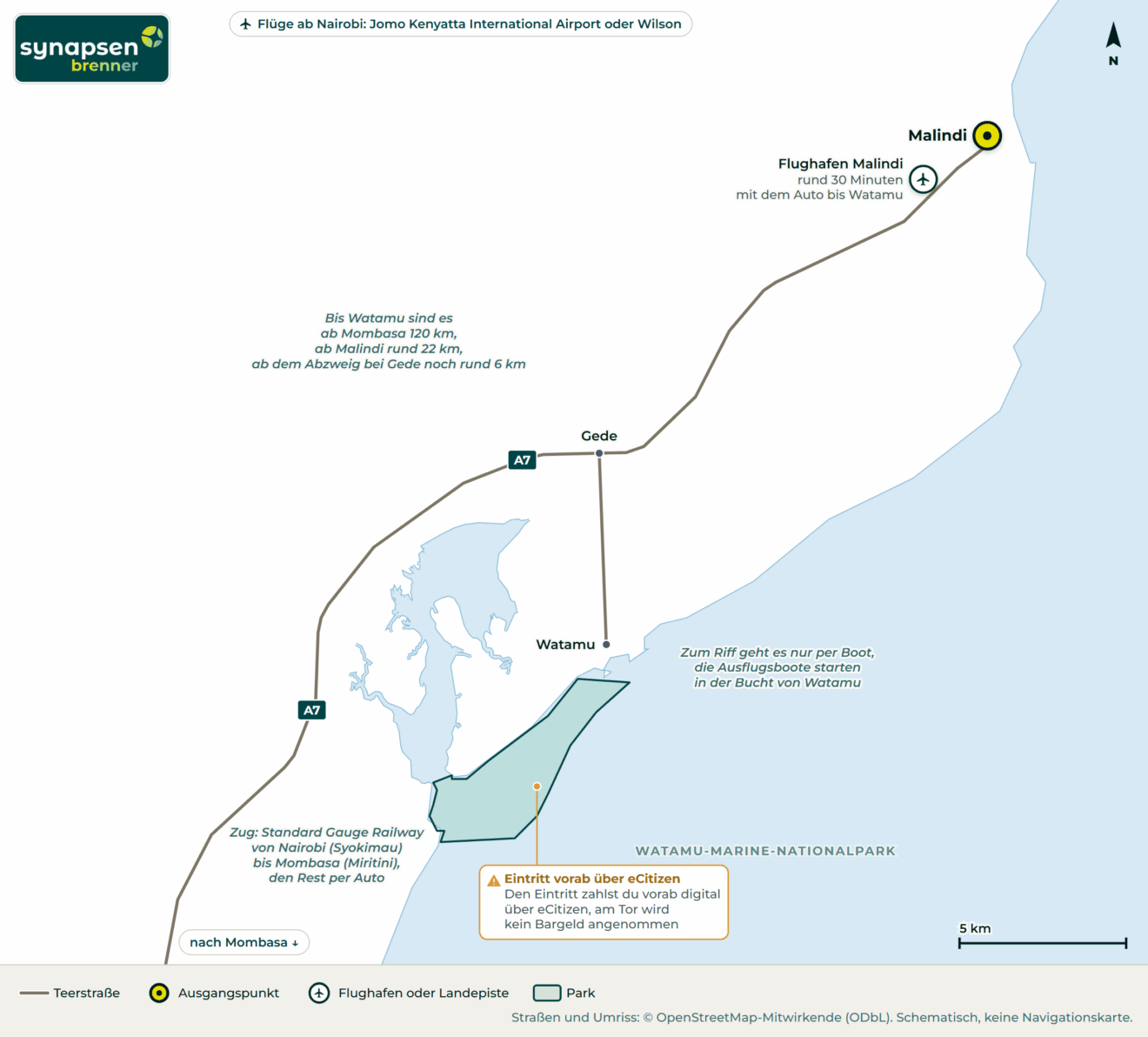 Anreisekarte Watamu-Marine-Nationalpark: Straßen, Flughäfen und Tore