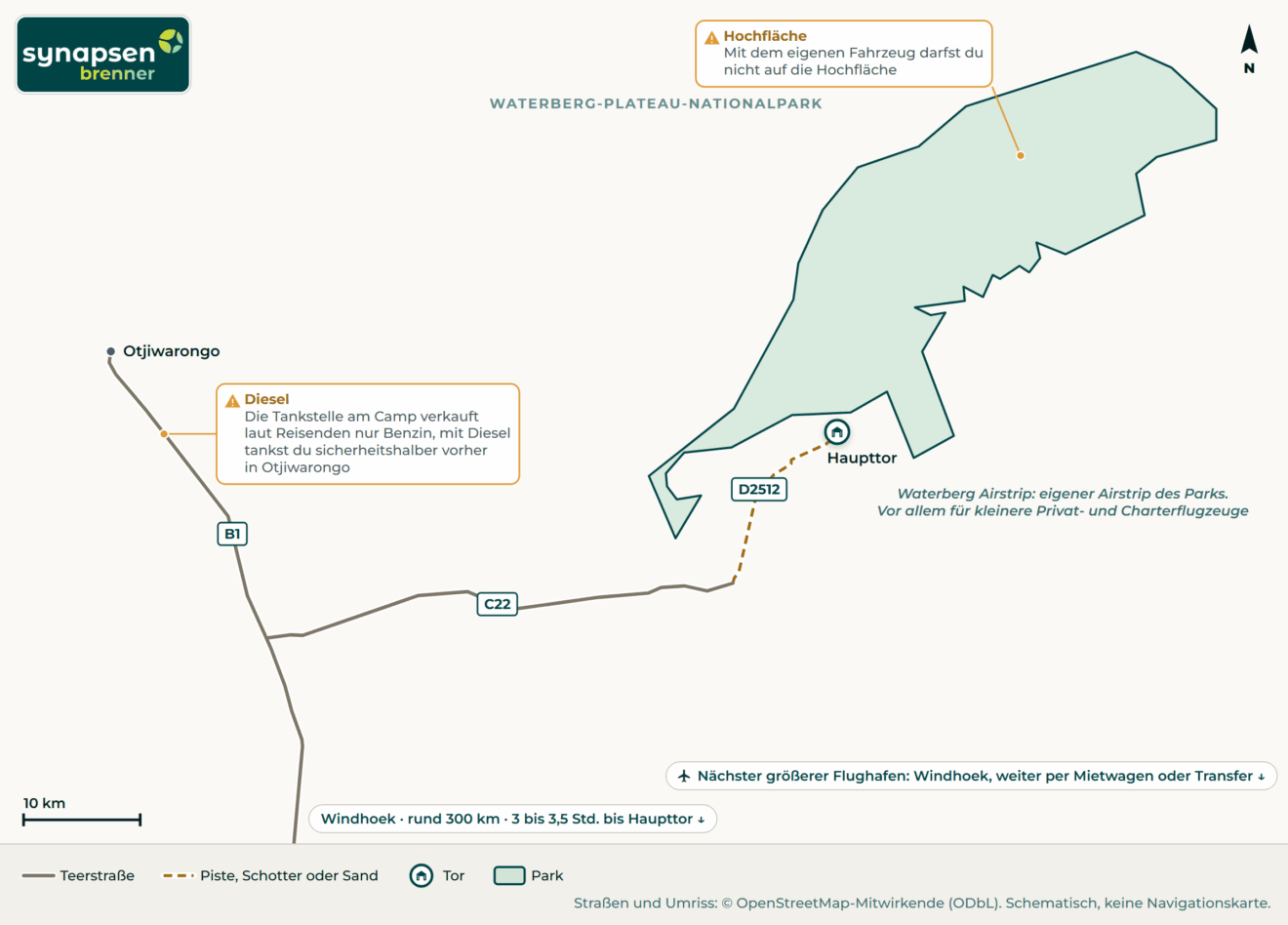 Anreisekarte Waterberg-Plateau-Nationalpark: Straßen, Flughäfen und Tore