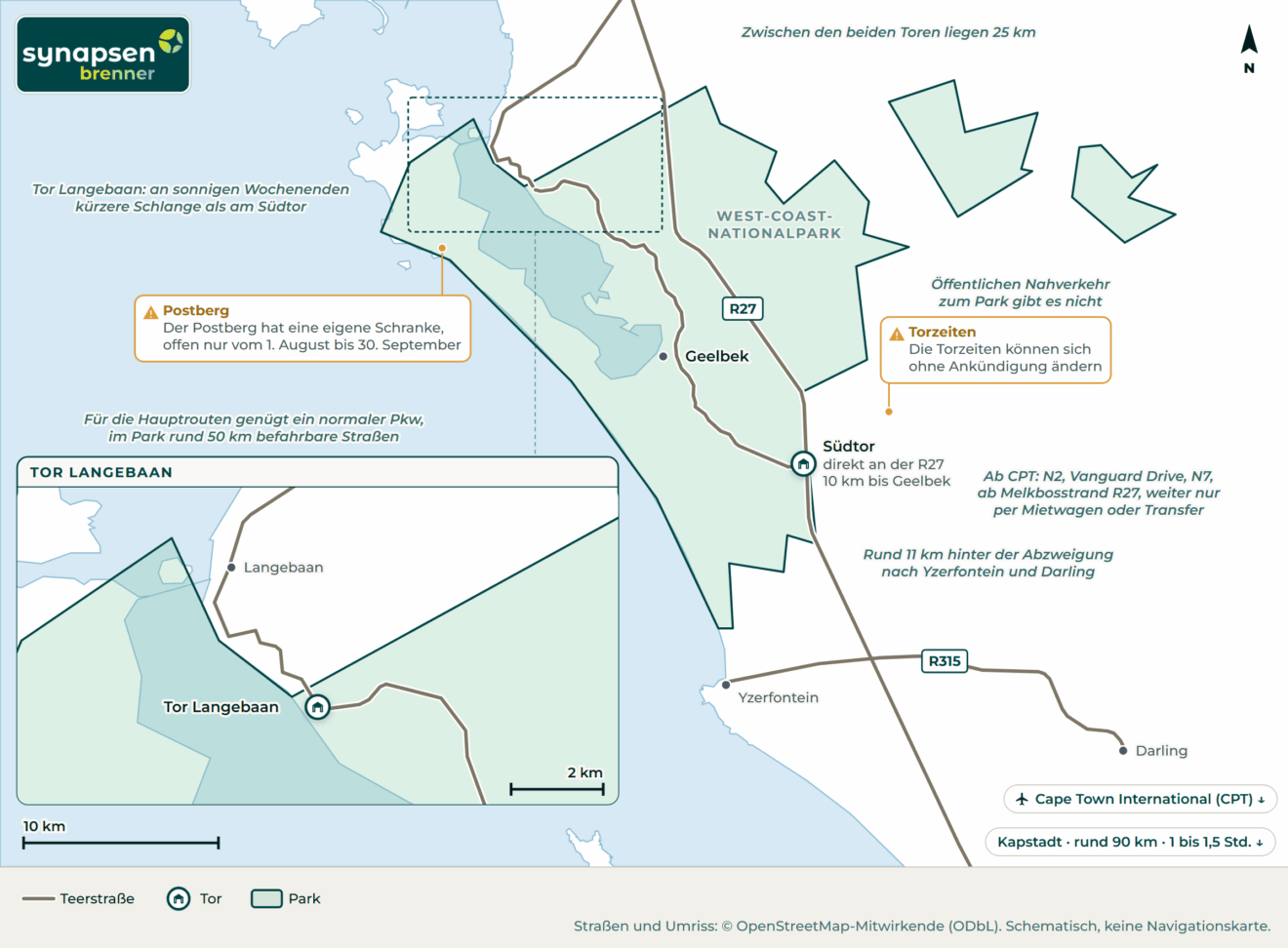 Anreisekarte West-Coast-Nationalpark: Straßen, Flughäfen und Tore