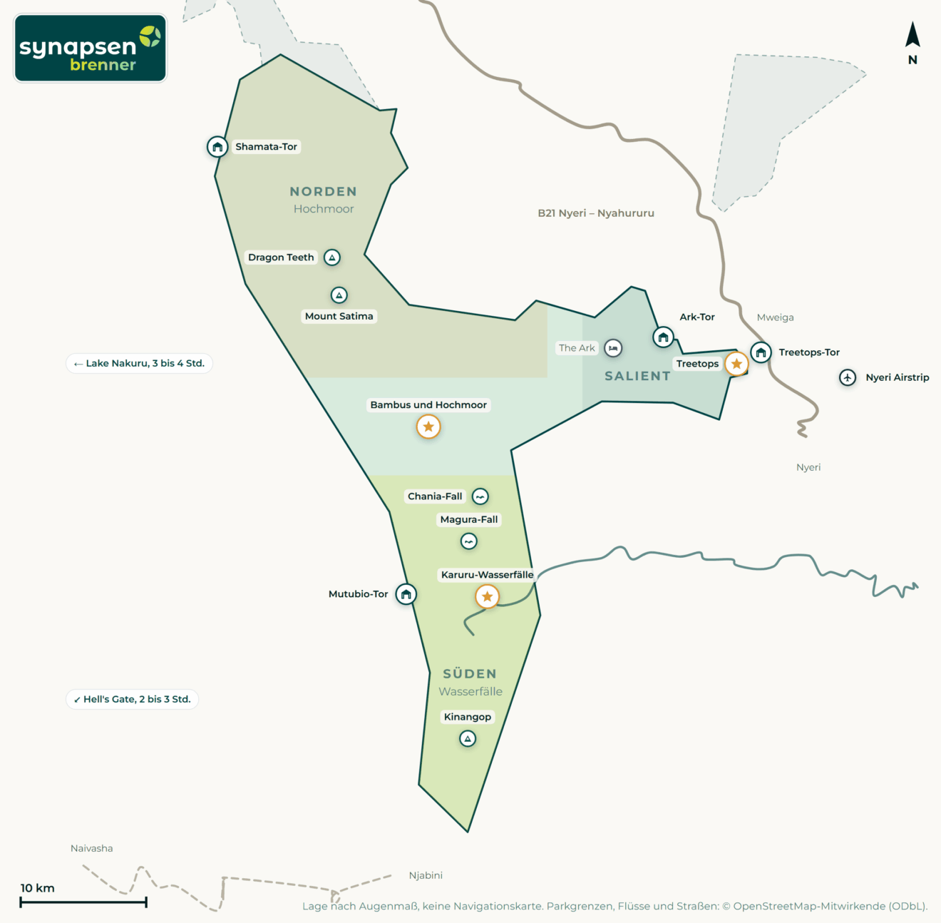 Karte von Aberdare-Nationalpark: Tore, Airstrips, Highlights