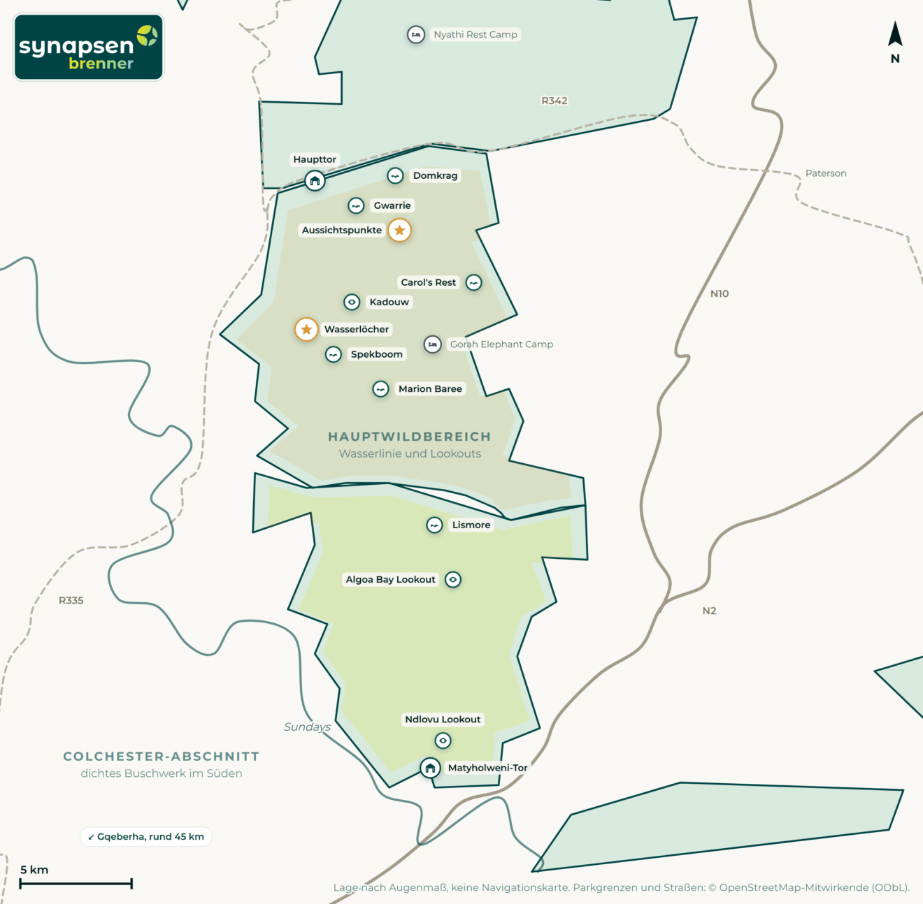 Karte von Addo-Elephant-Nationalpark: Tore, Airstrips, Highlights