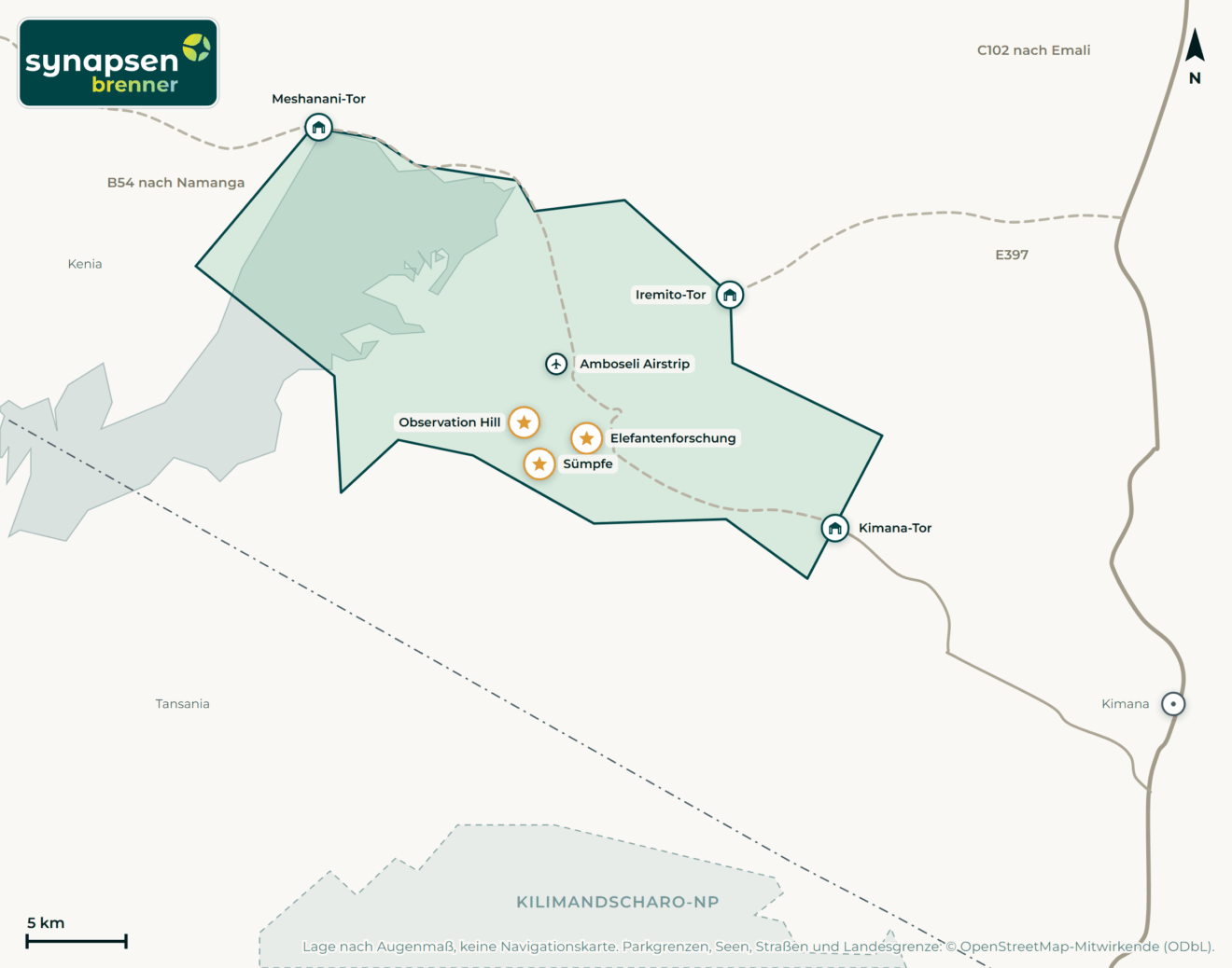 Karte von Amboseli-Nationalpark: Tore, Airstrips, Highlights