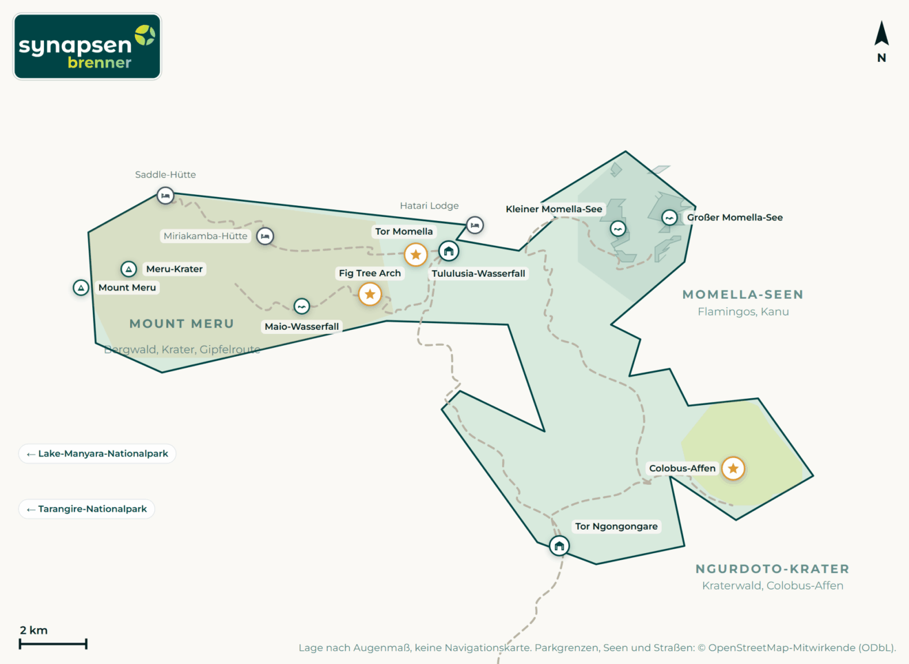 Karte von Arusha-Nationalpark: Tore, Airstrips, Highlights