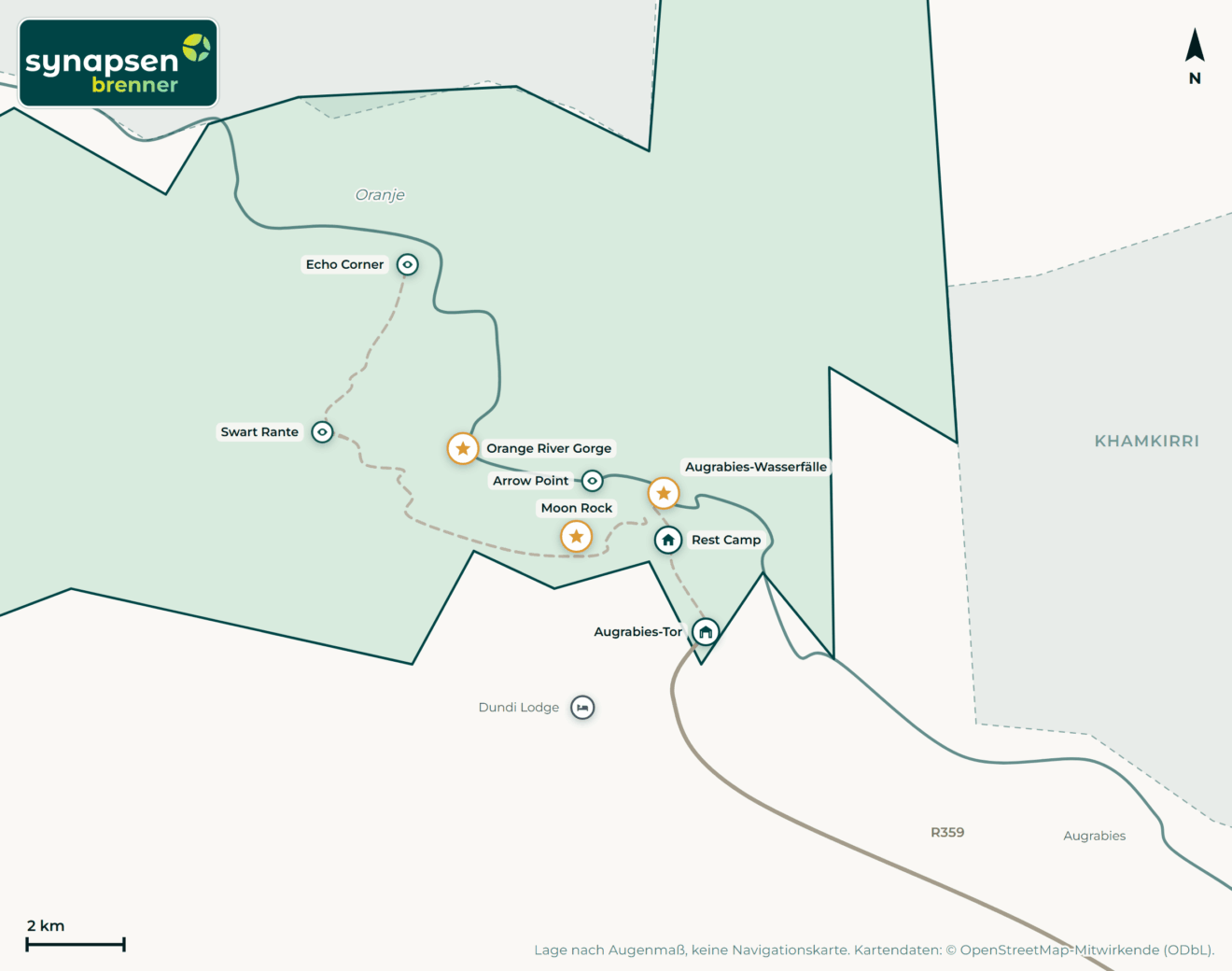 Karte von Augrabies-Falls-Nationalpark: Tore, Airstrips, Highlights