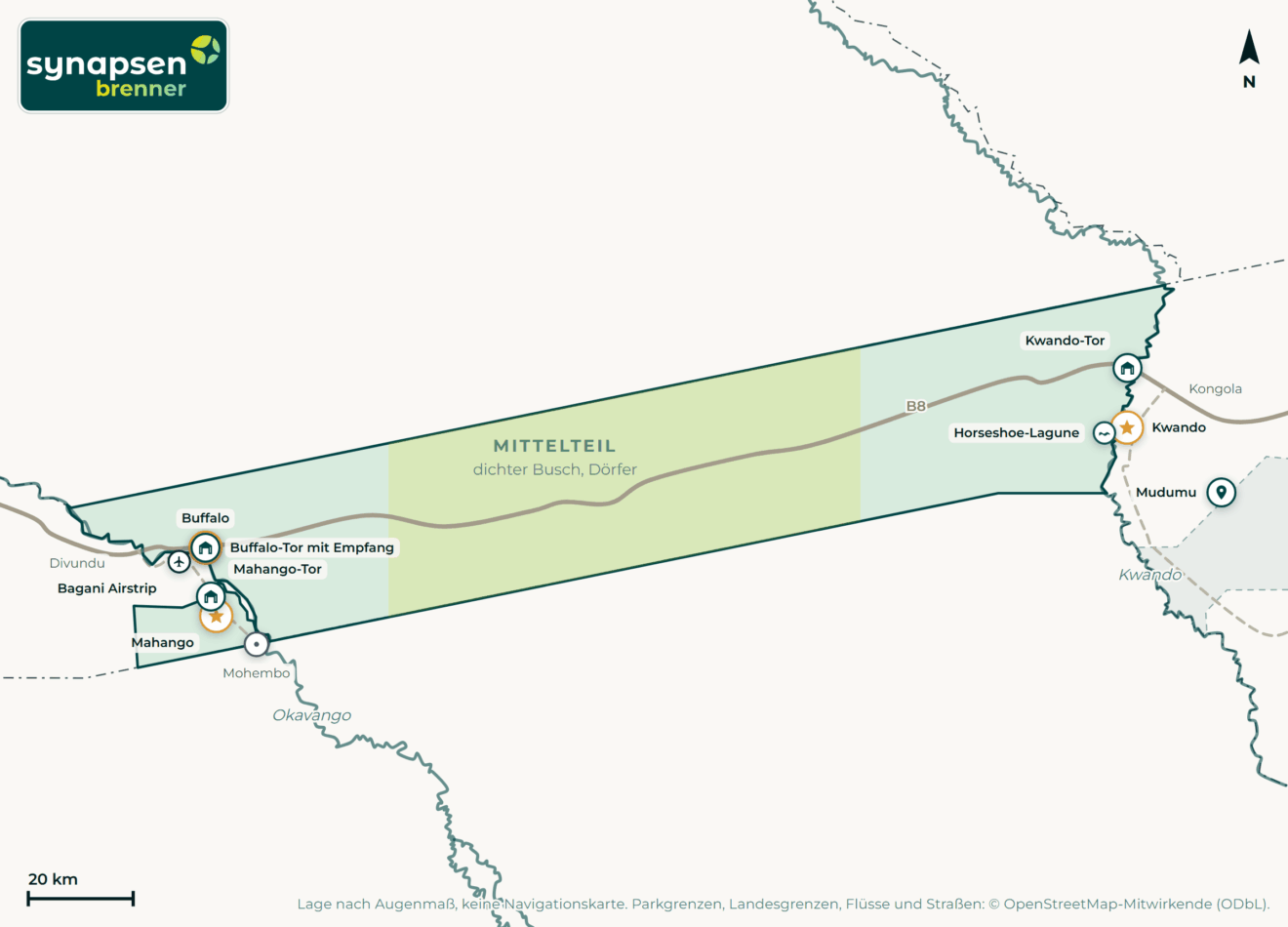 Karte von Bwabwata-Nationalpark: Tore, Airstrips, Highlights