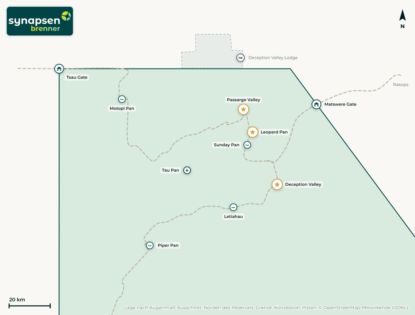 Karte von Central-Kalahari-Game-Reserve: Tore, Airstrips, Highlights