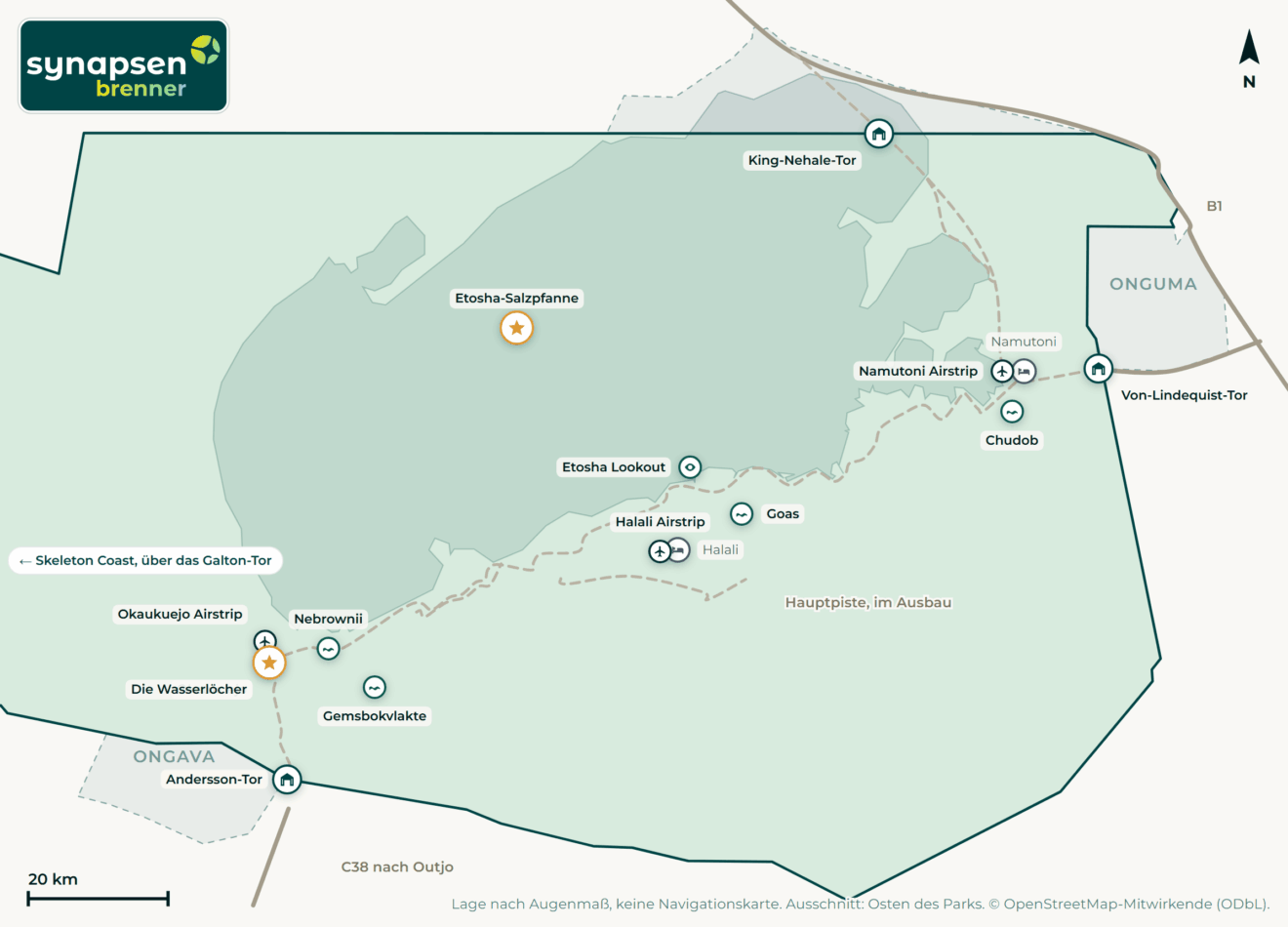 Karte von Etosha-Nationalpark: Tore, Airstrips, Highlights