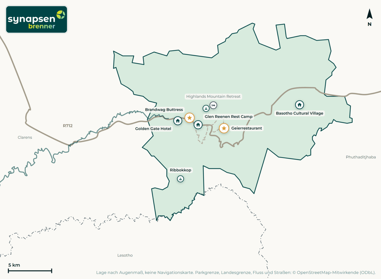 Karte von Golden-Gate-Highlands-Nationalpark: Tore, Airstrips, Highlights