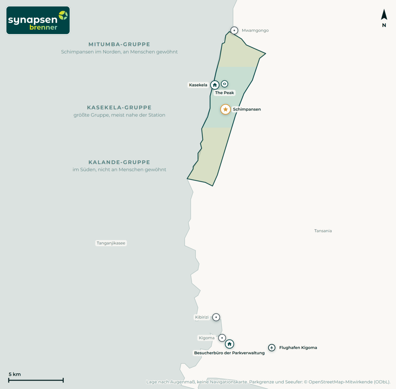 Karte von Gombe-Stream-Nationalpark: Tore, Airstrips, Highlights