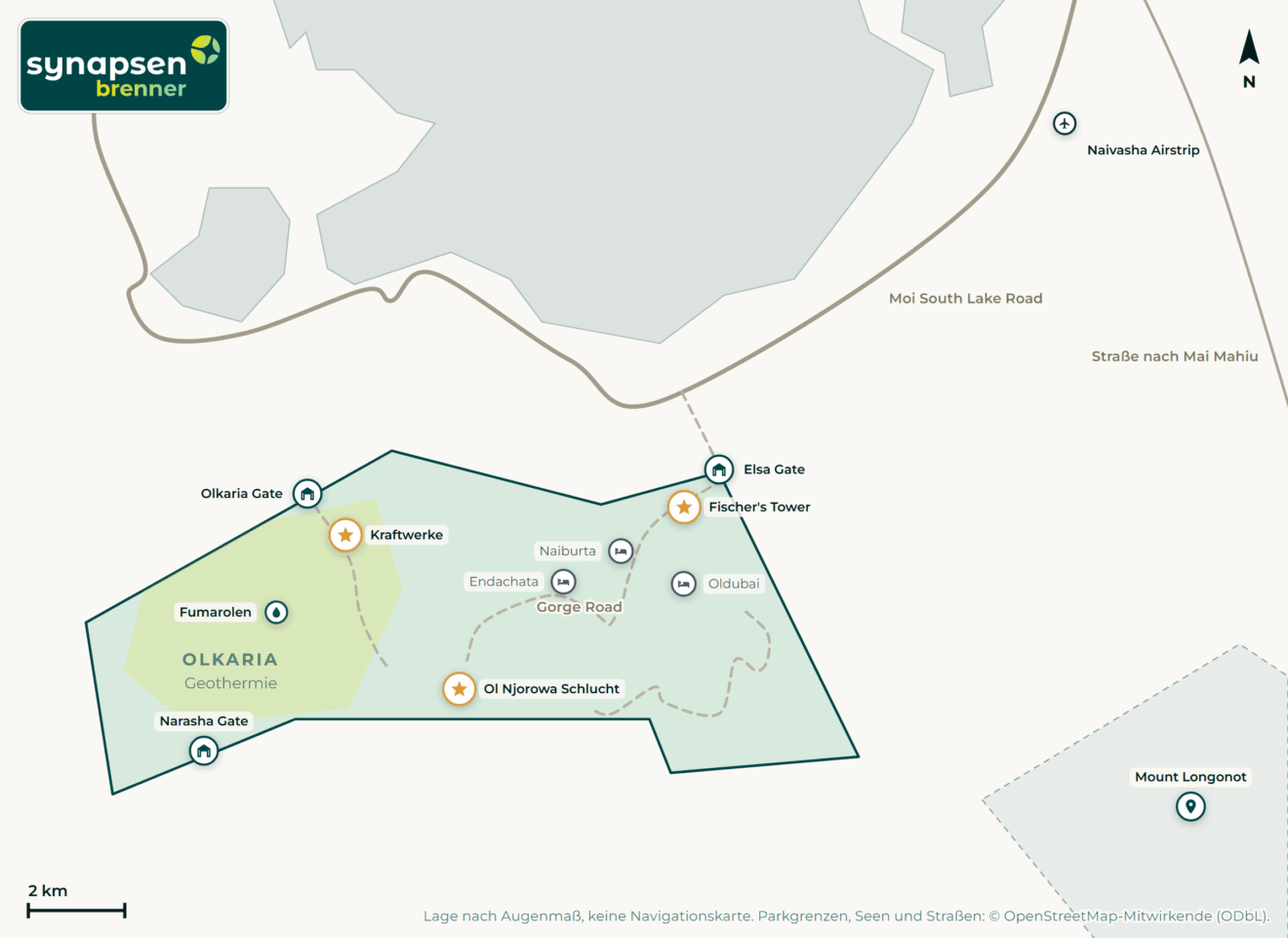 Karte von Hell’s-Gate-Nationalpark: Tore, Airstrips, Highlights